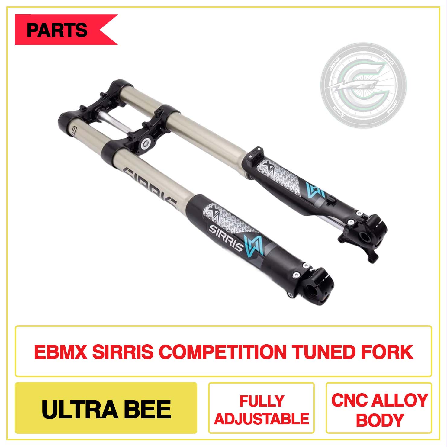 EBMX Sirris Competition Tuned Forks Ultra Bee Fully Adjustable CNC Alloy Body | eMotoX Sports