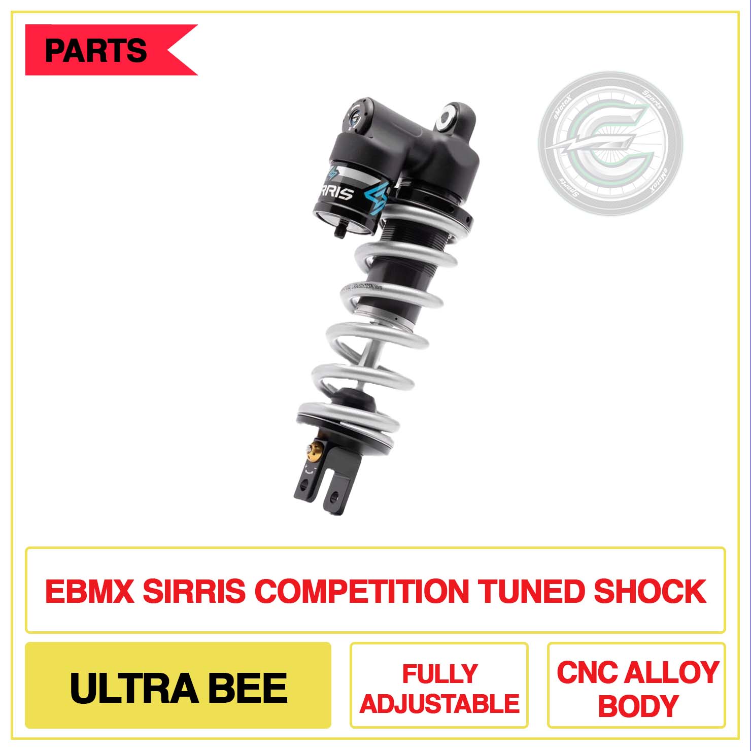 EBMX Sirris Competition Tuned Shock Ultra Bee Fully Adjustable CNC Ally Body | eMotoX Sports