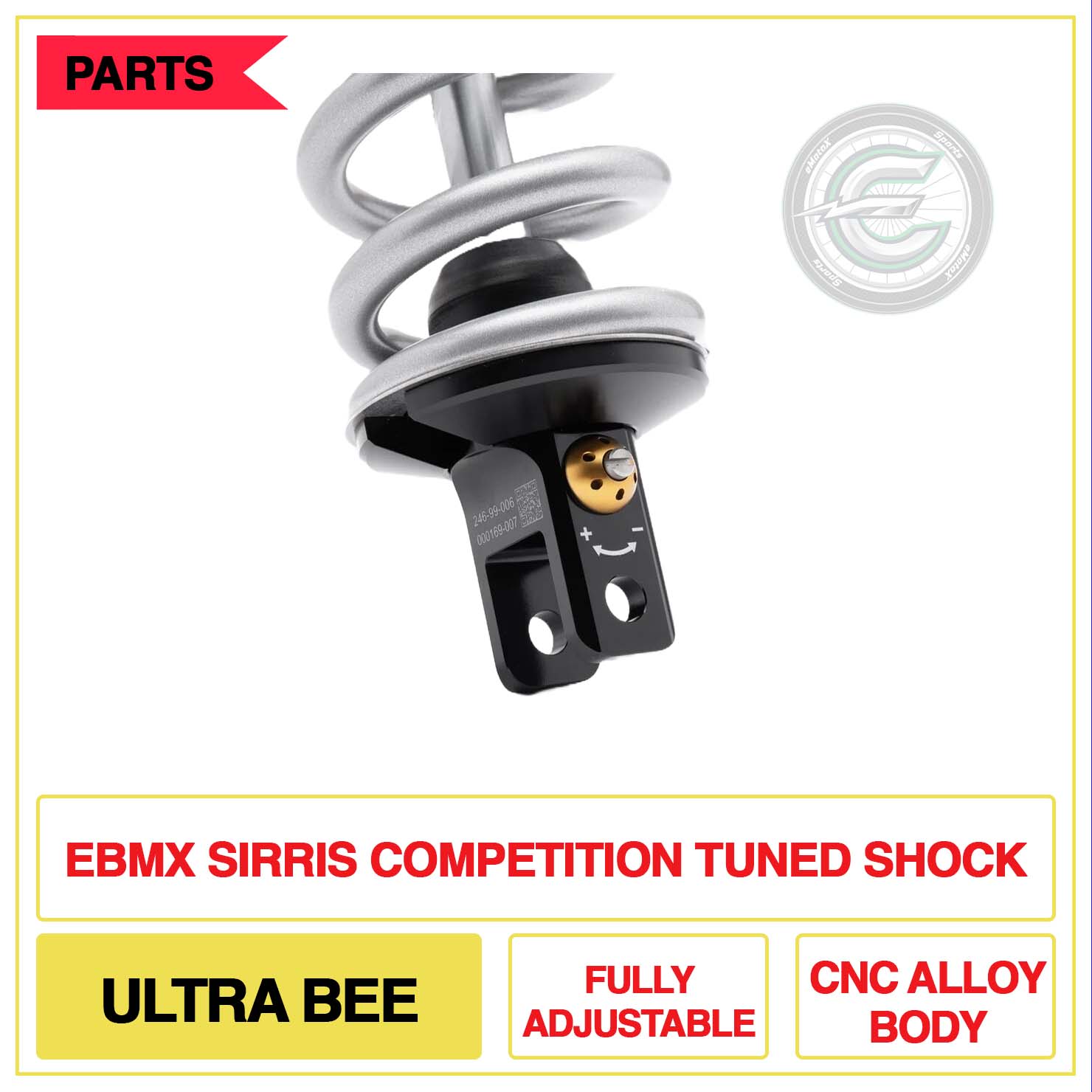 EBMX Sirris Competition Tuned Shock Ultra Bee Fully Adjustable CNC Ally Body | eMotoX Sports
