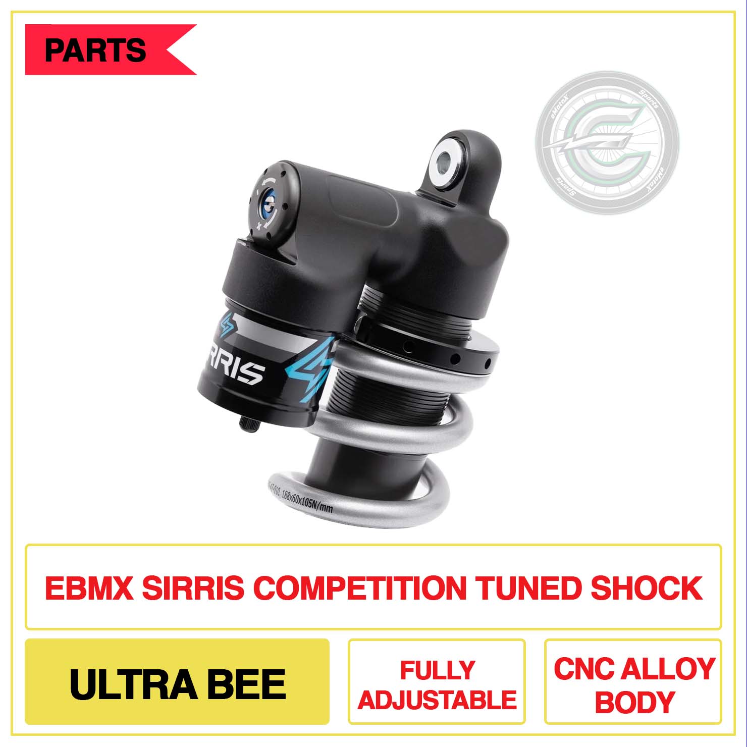 EBMX Sirris Competition Tuned Shock Ultra Bee Fully Adjustable CNC Ally Body | eMotoX Sports