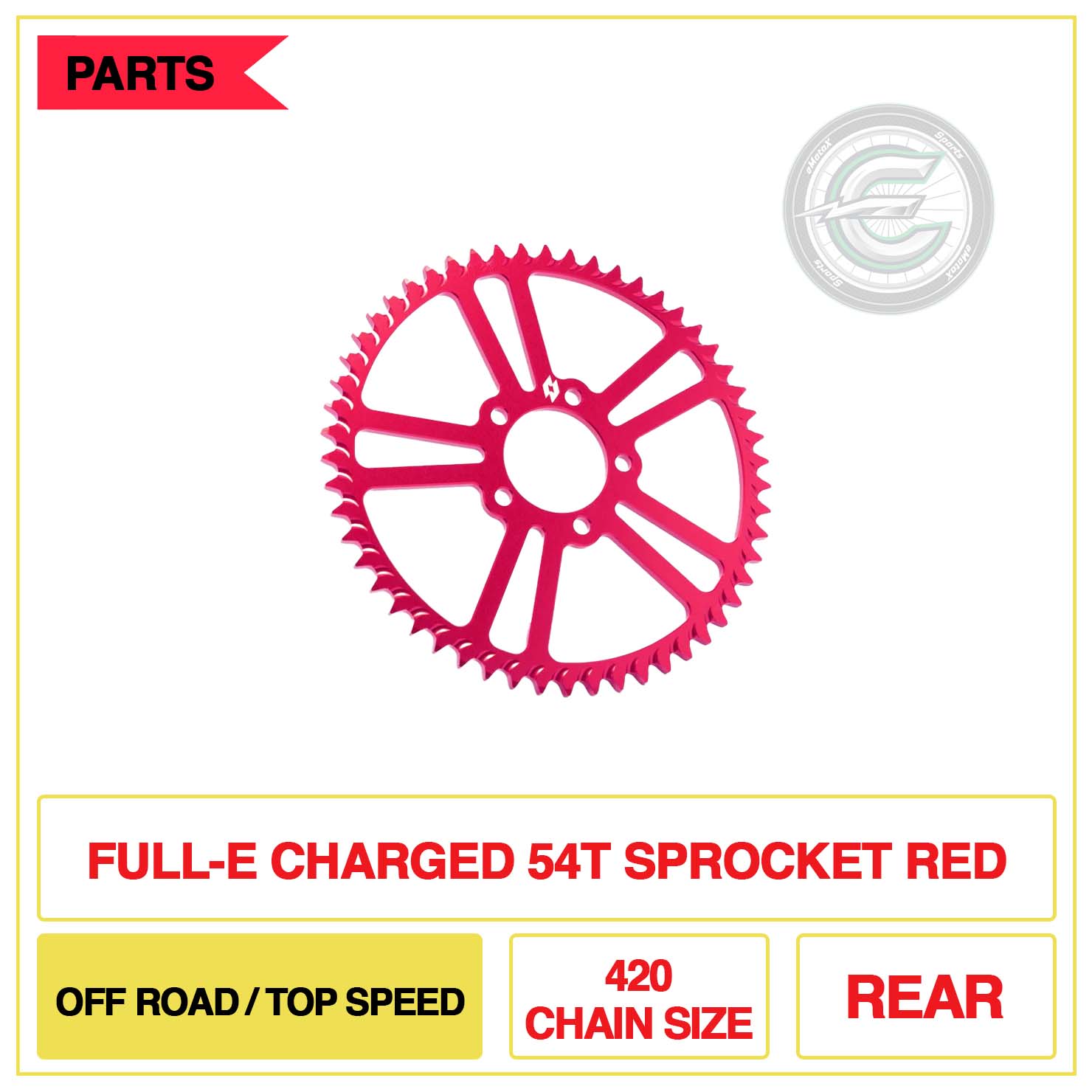 Full-E Charged Rear 54T Sprocket 420 Chain Size Off Road/Top Speed Red | eMotoX Sports