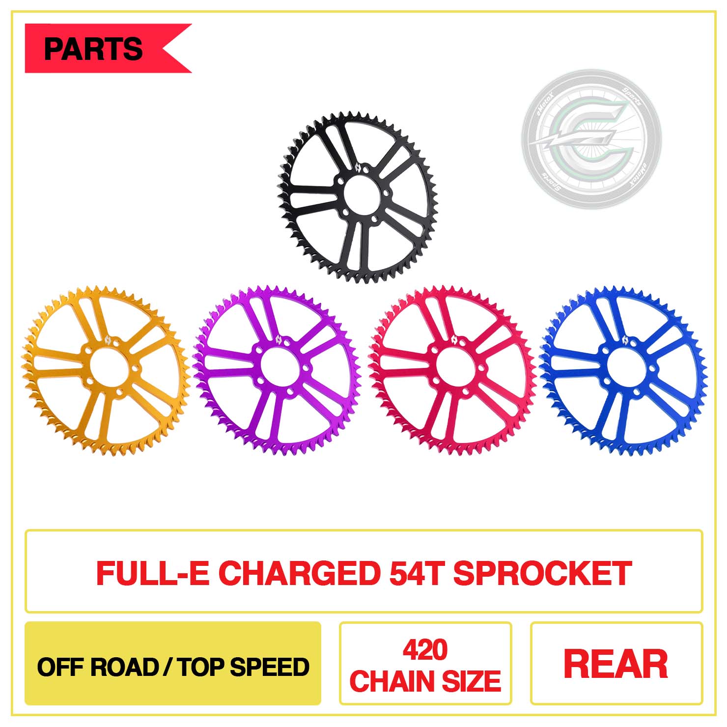 Full-E Charged Rear 54T Sprocket 420 Chain Size Off Road/Top Speed | eMotoX Sports