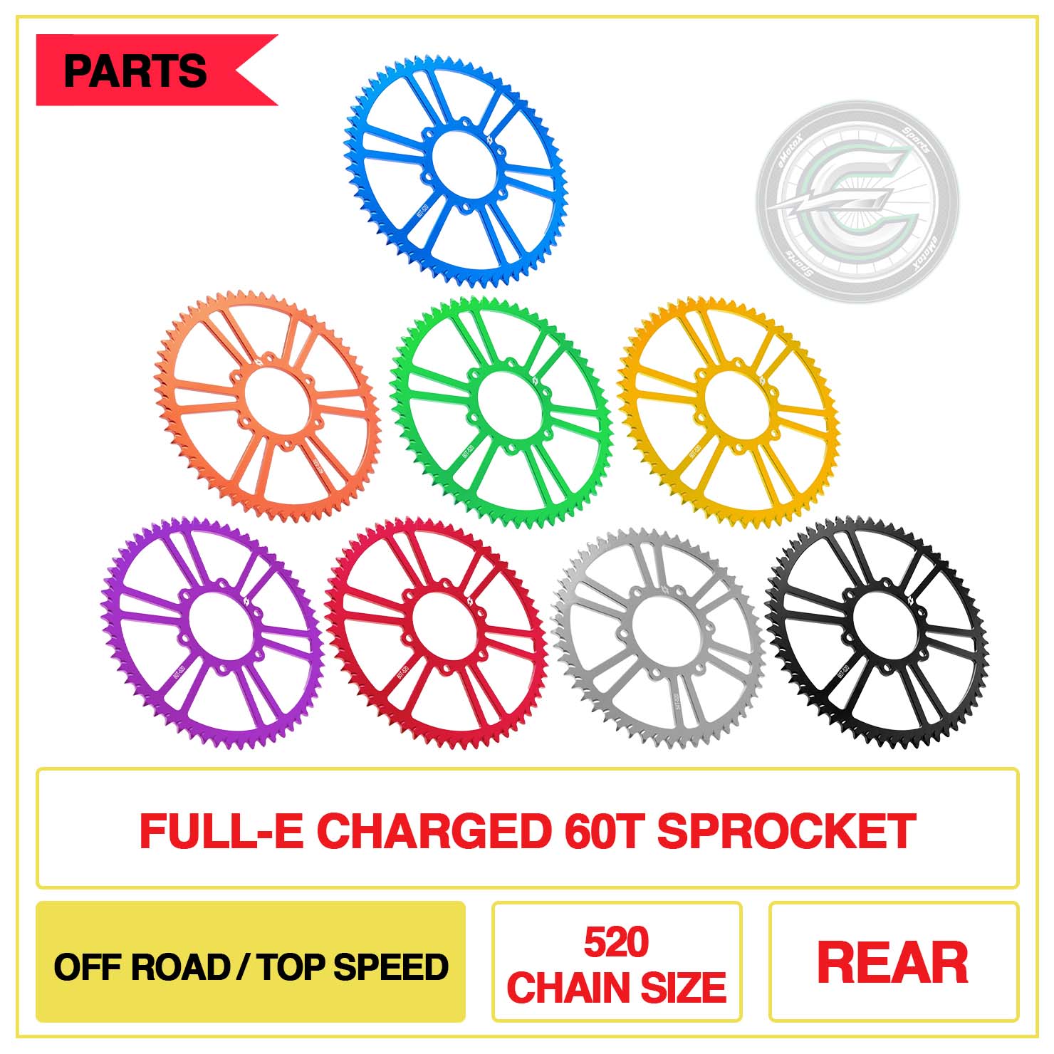 Full-E Charged Rear 60T Sprocket 520 Chain Size Off Road/Top Speed | eMotoX Sports