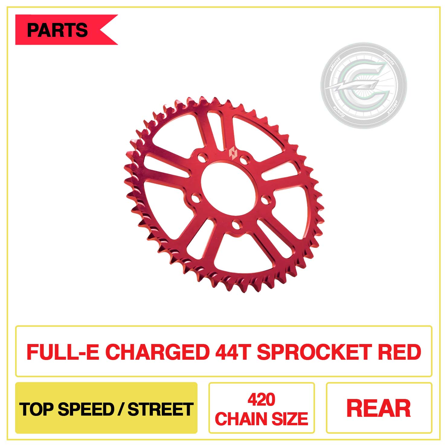 Full-E Charged Rear 44T Sprocket 420 Chain Size Top Speed/Street Red | eMotoX Sports
