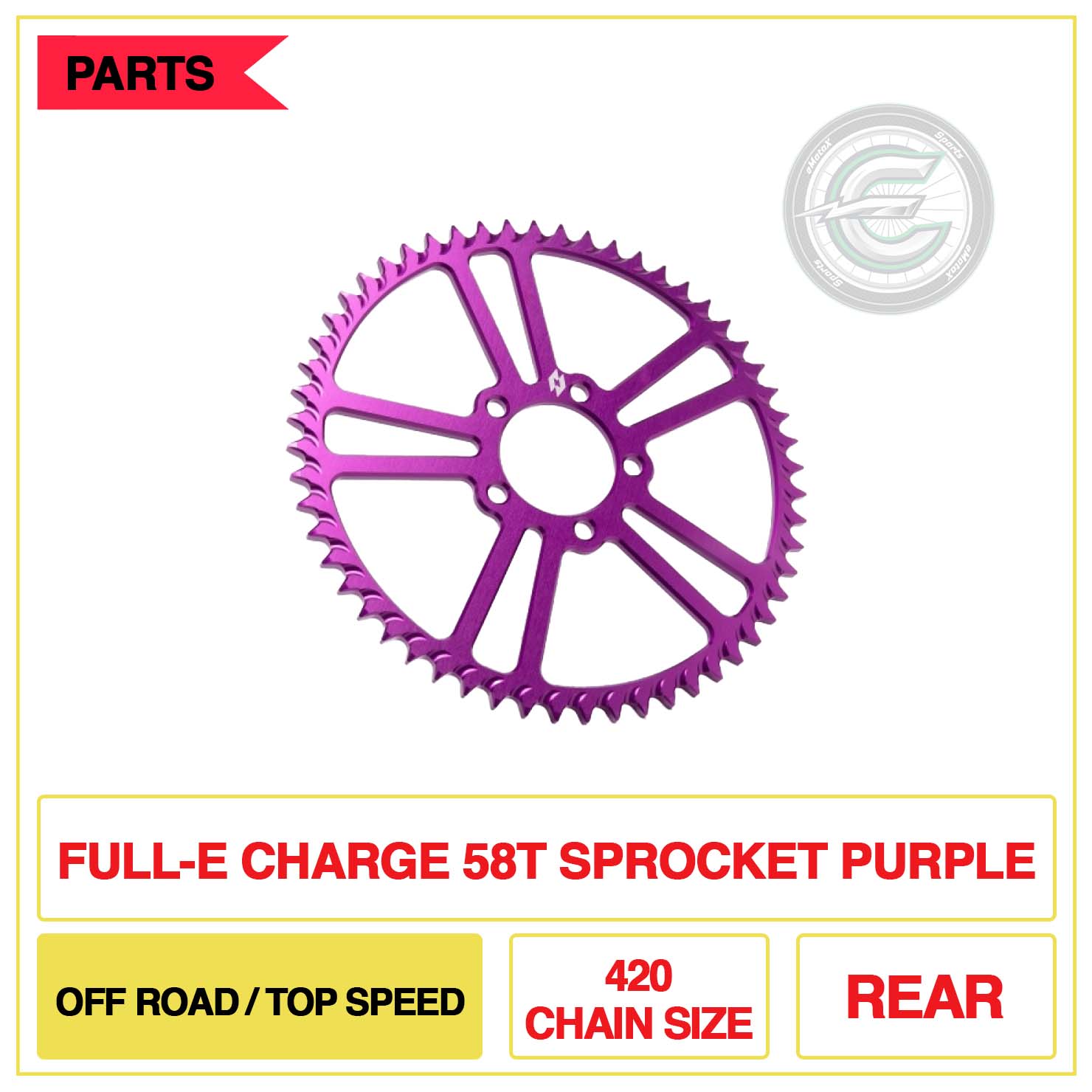 Full-E Charge Rear 58T Sprocket 420 Chain Size Off Road/Top Seed Purple | eMotoX Sports