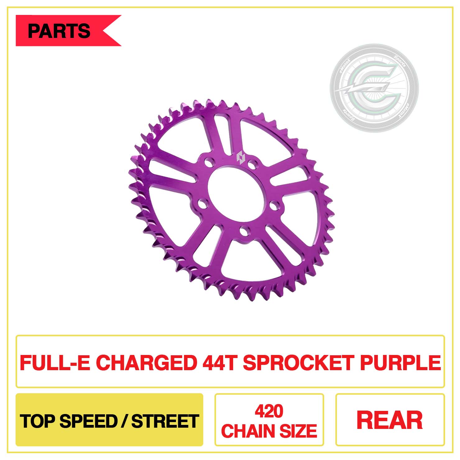 Full-E Charged Rear 44T Sprocket 420 Chain Size Top Speed/Street Purple | eMotoX Sports