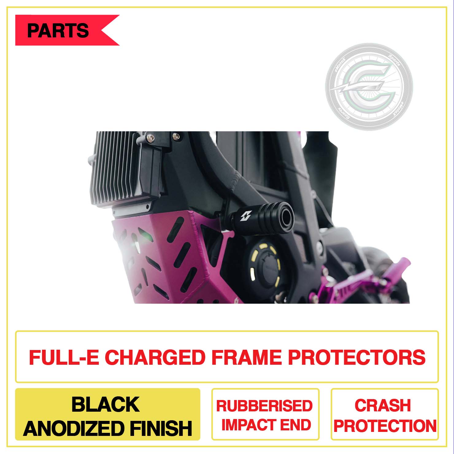 Full-E Charged Frame Protectors Black Anodised Finish Rubberised Impact End Crash Protection | eMotoX Sports