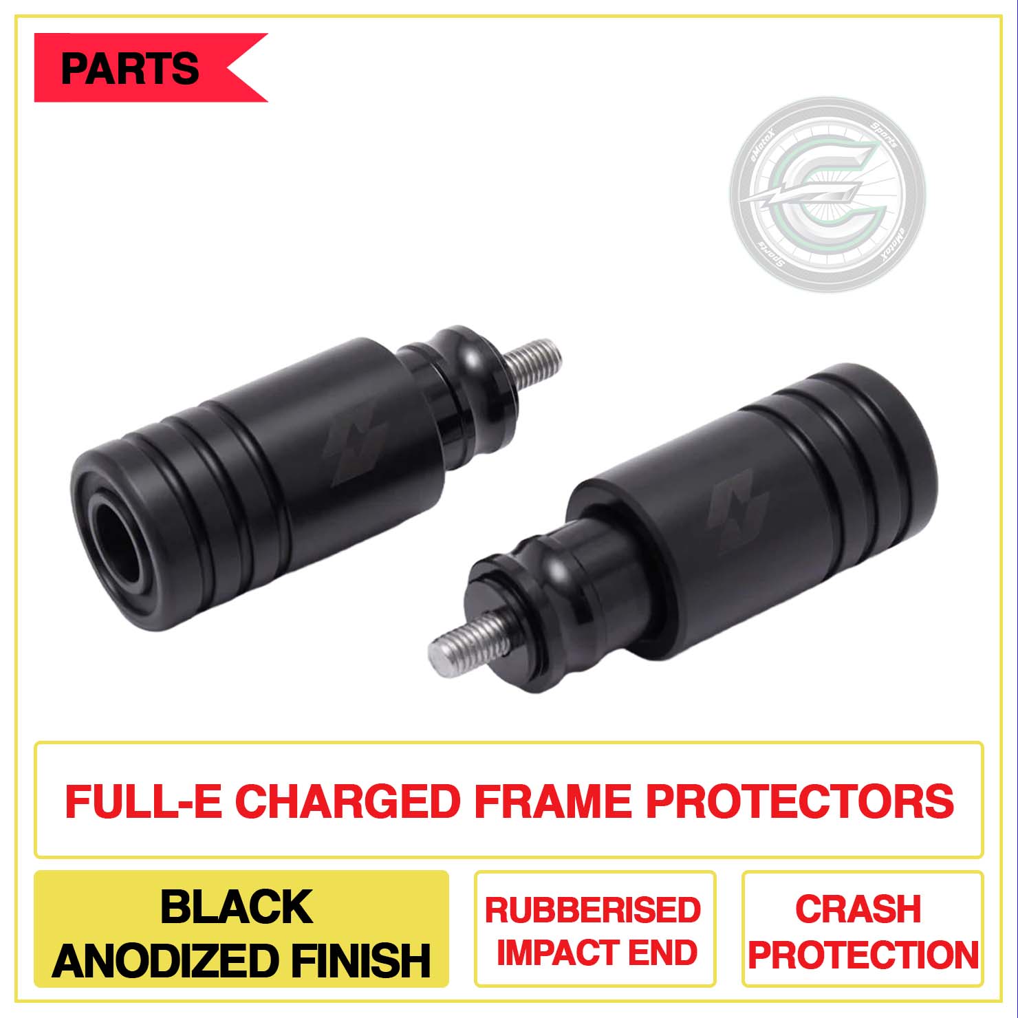 Full-E Charged Frame Protectors Black Anodised Finish Rubberised Impact End Crash Protection | eMotoX Sports