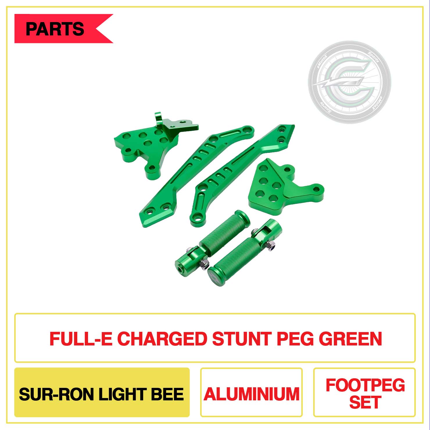 Full-E Charged Stunt Peg Sur-Ron Light Bee Aluminium Foot Pegs Green | eMotoX Sports