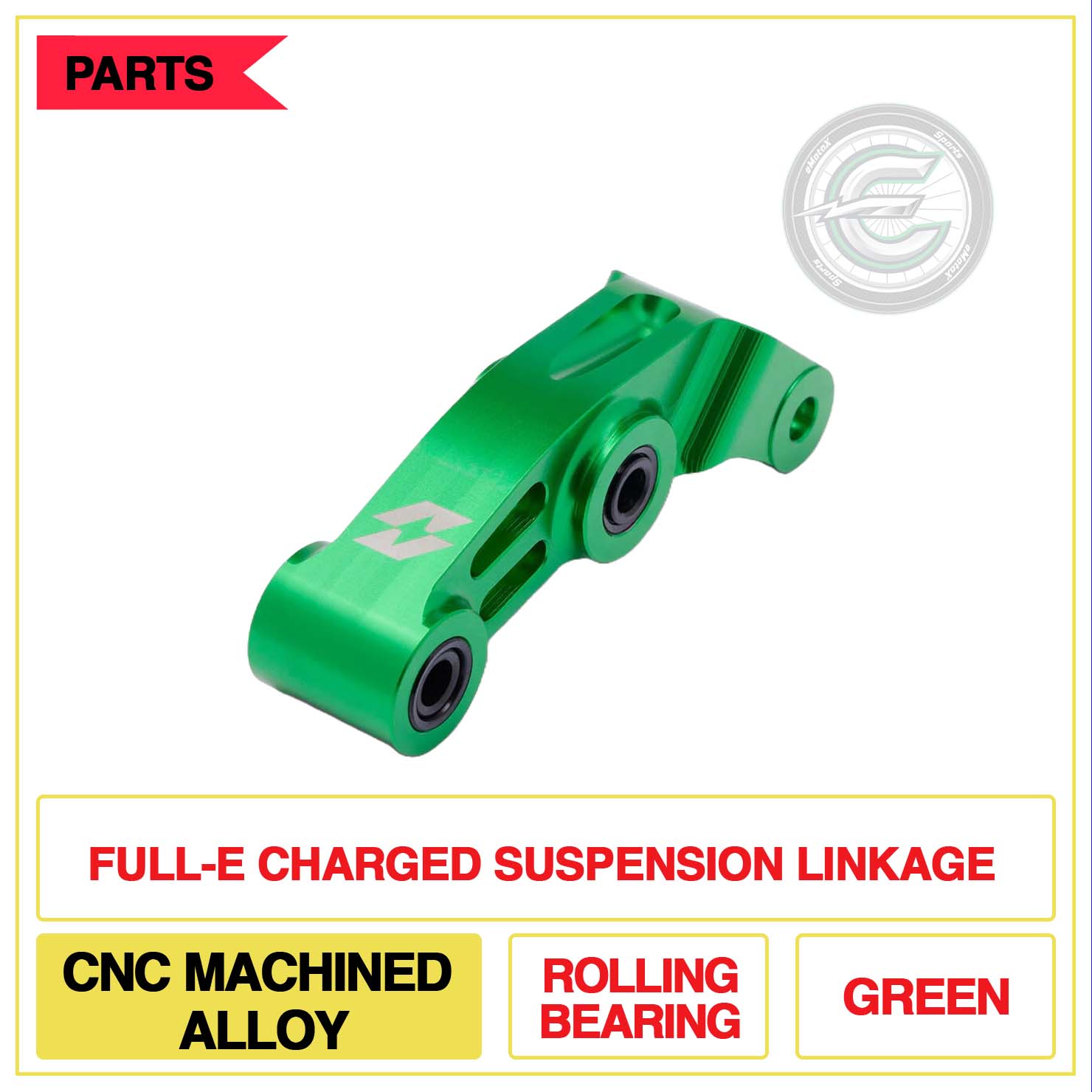 Full-E Charged Suspension Linkage CNC Machined Rolling Bearing Green | eMotoX Sports