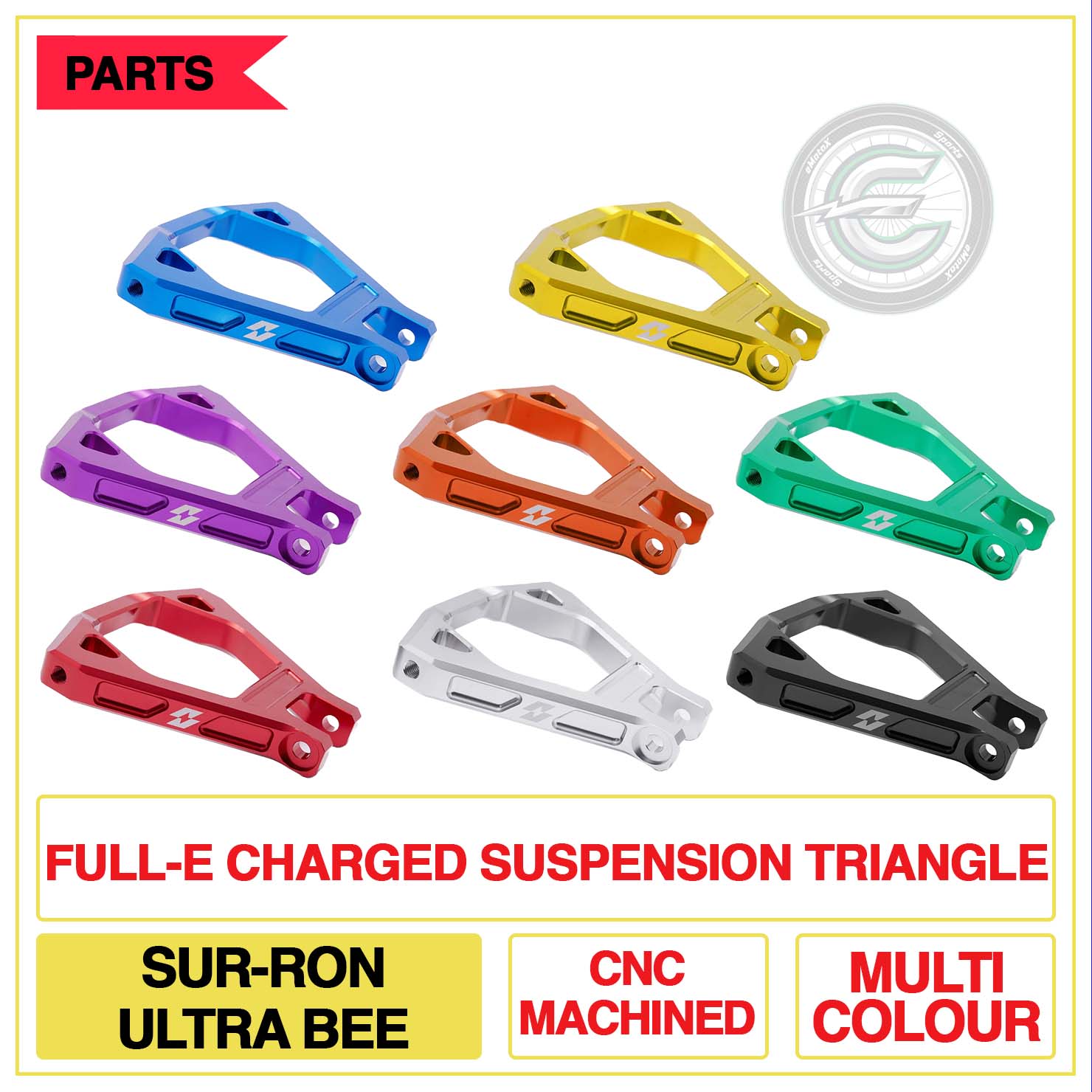 Full-E Charged Suspension Triangle Sur-Ron Ultra Bee CNC Machined Multi Colour | eMotoX Sports