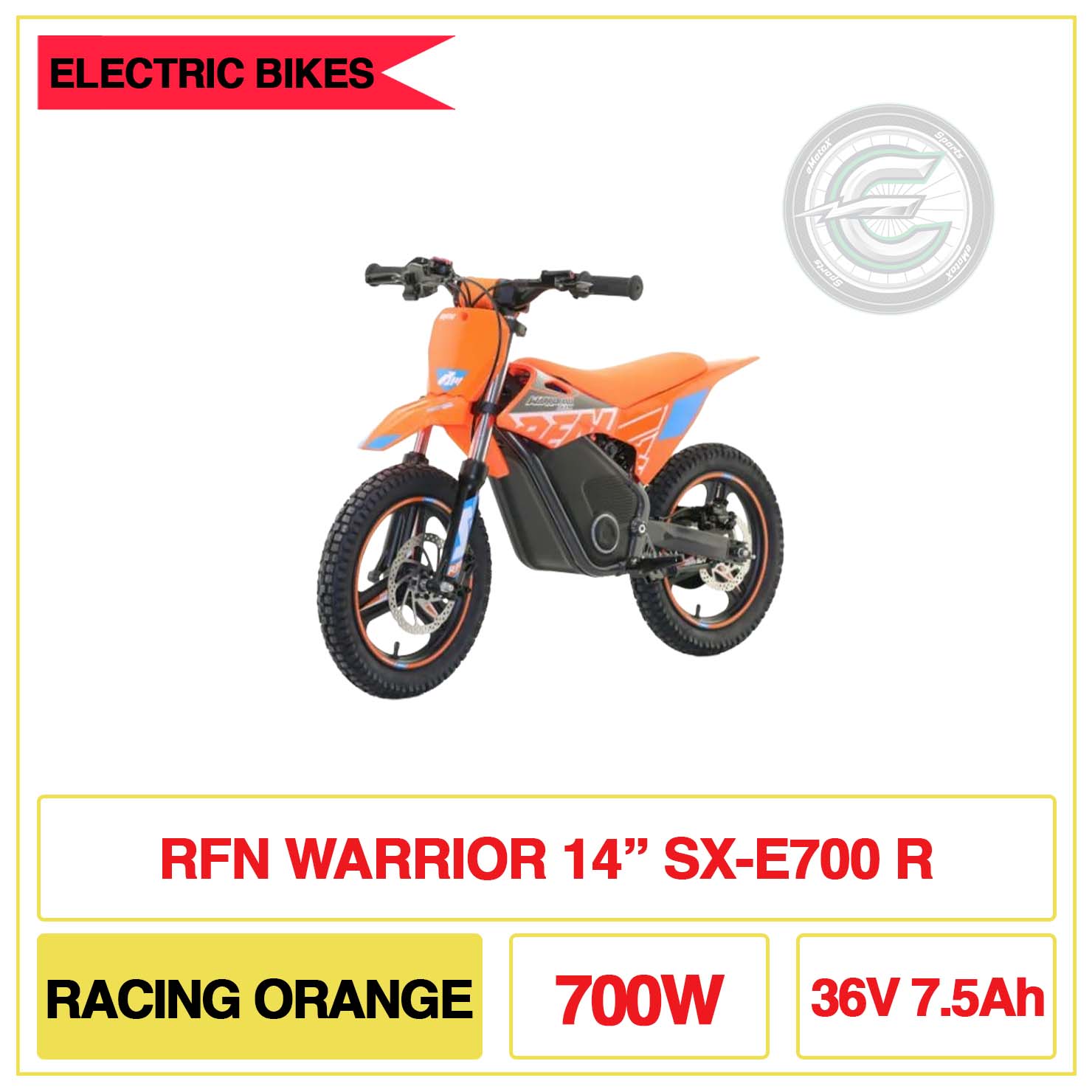 RFN Warrior 14" Inch SX-E700 R Racing Orange 700W 36V 7.5Ah | eMotoX Sports