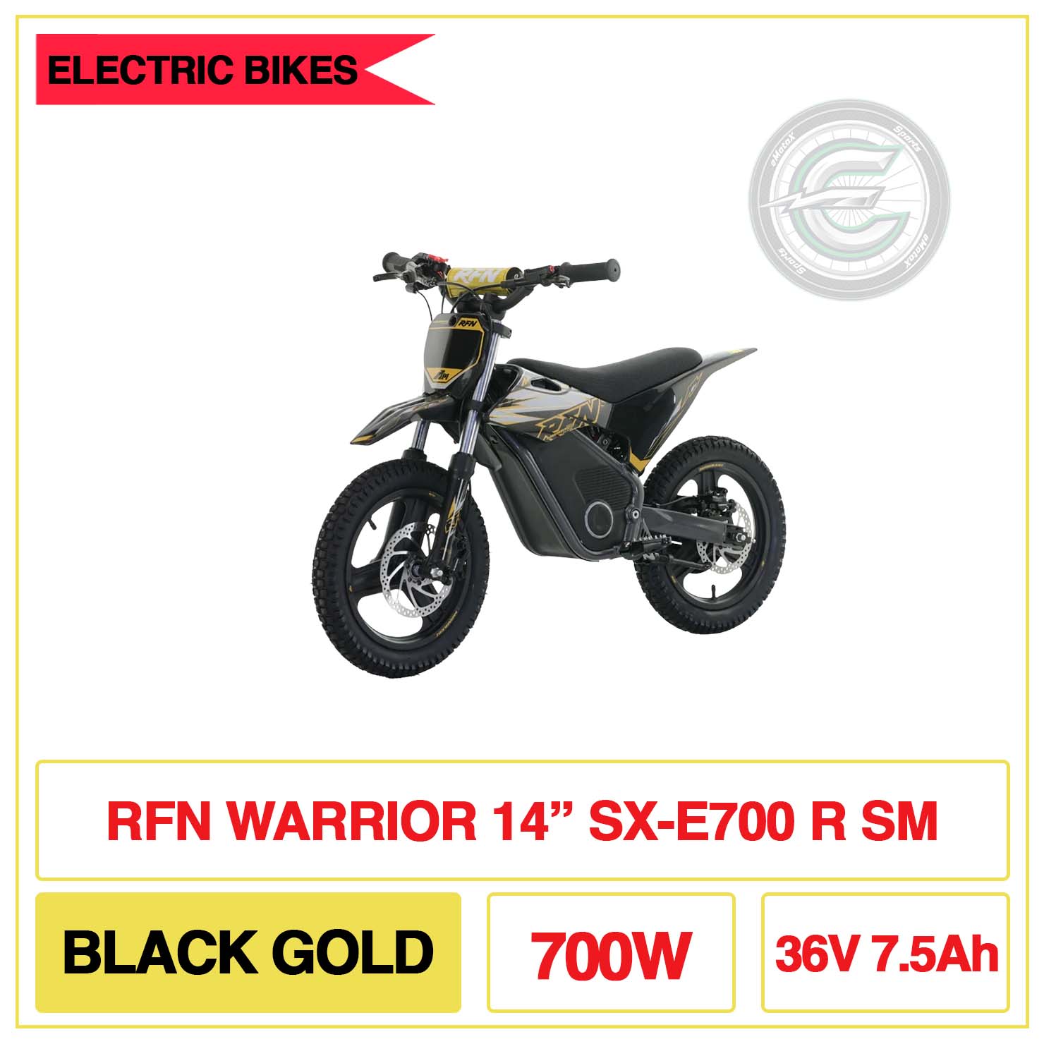 RFN Warrior 14" Inch SX-E700 R SM Black Gold 700W 36V 7.5Ah | eMotoX Sports