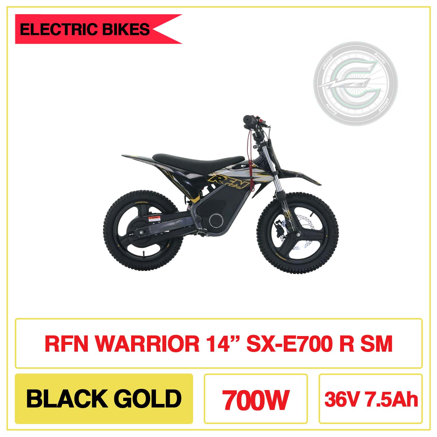 RFN Warrior 14" Inch SX-E700 R SM Black Gold 700W 36V 7.5Ah | eMotoX Sports