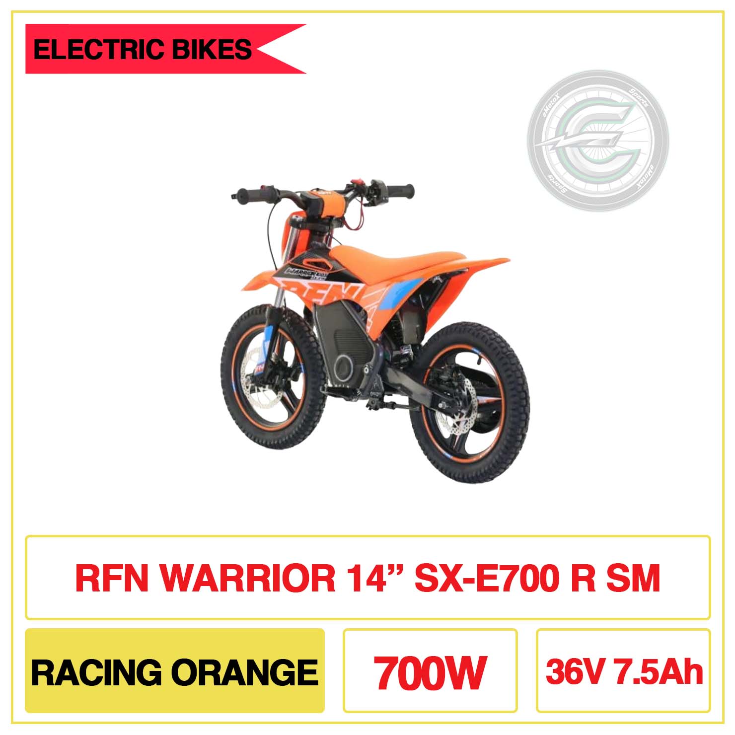 RFN Warrior 14" Inch SX-E700 R SM Racing Orange 700W 36V 7.5Ah | eMotoX Sports
