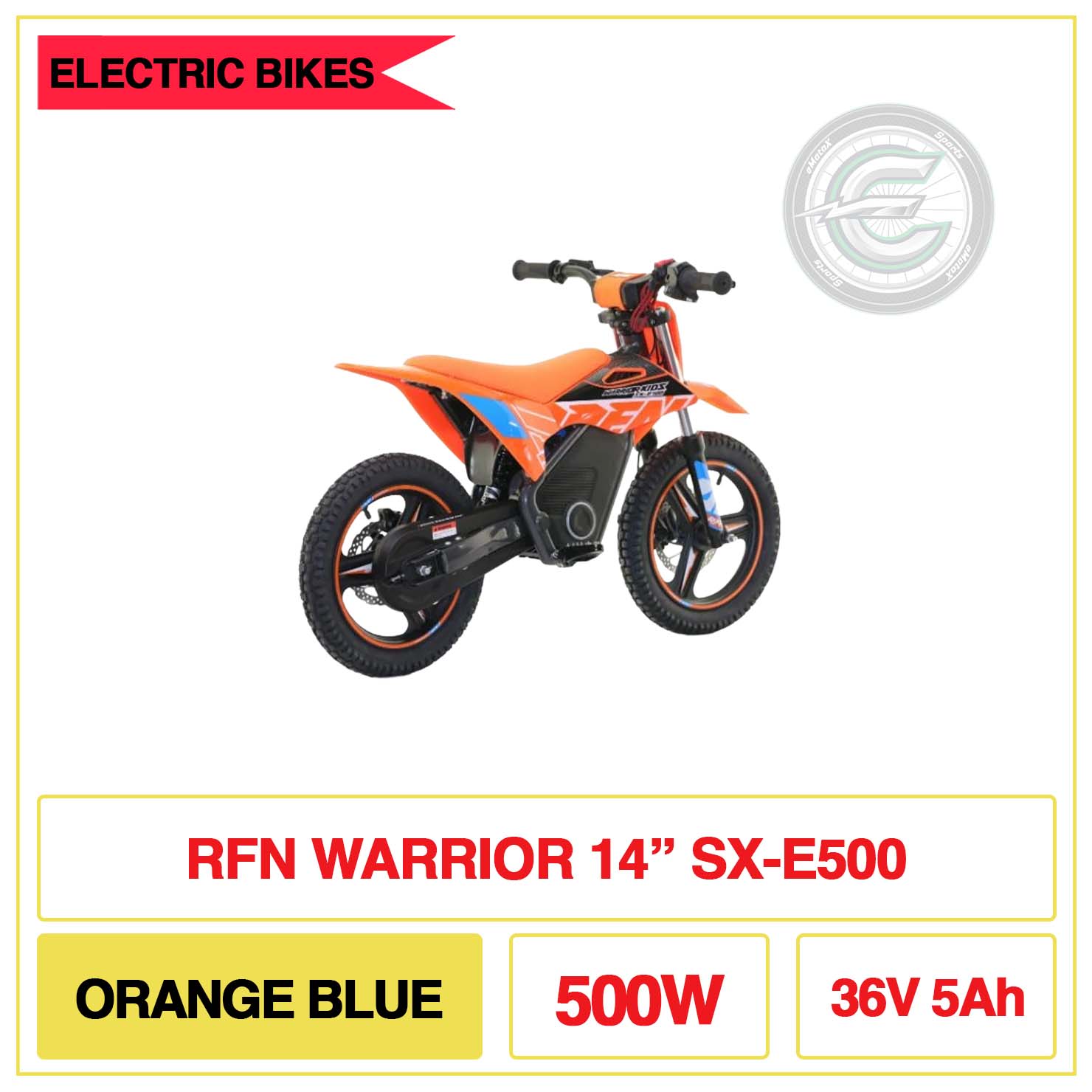 RFN Warrior 14" Inch SX-E500 Orange Blue 500W 36V 5Ah | eMotoX Sports