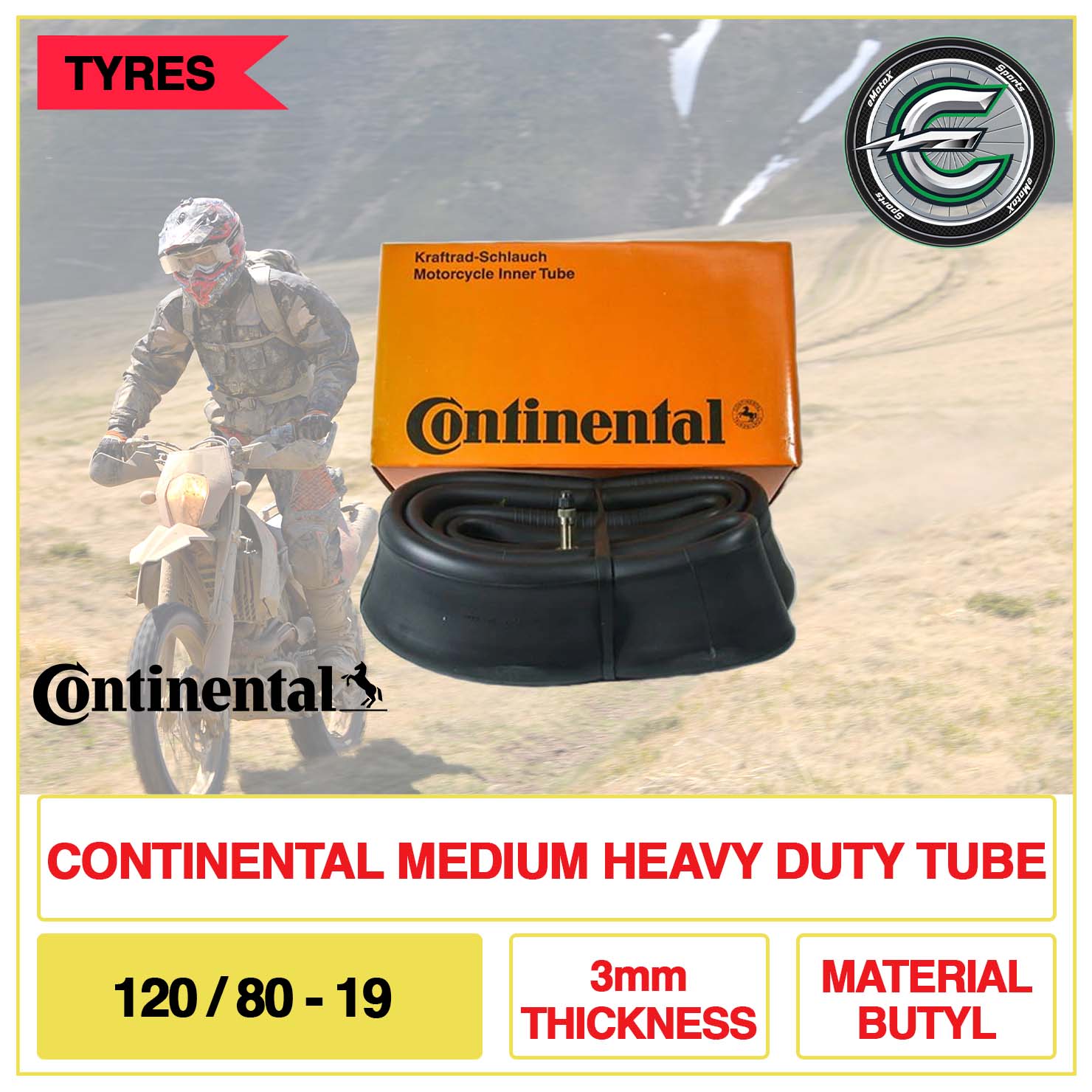 Continental Medium Heavy Duty Tube 120/80-19 3mm Thickness Material Butyl | eMotoX Sports