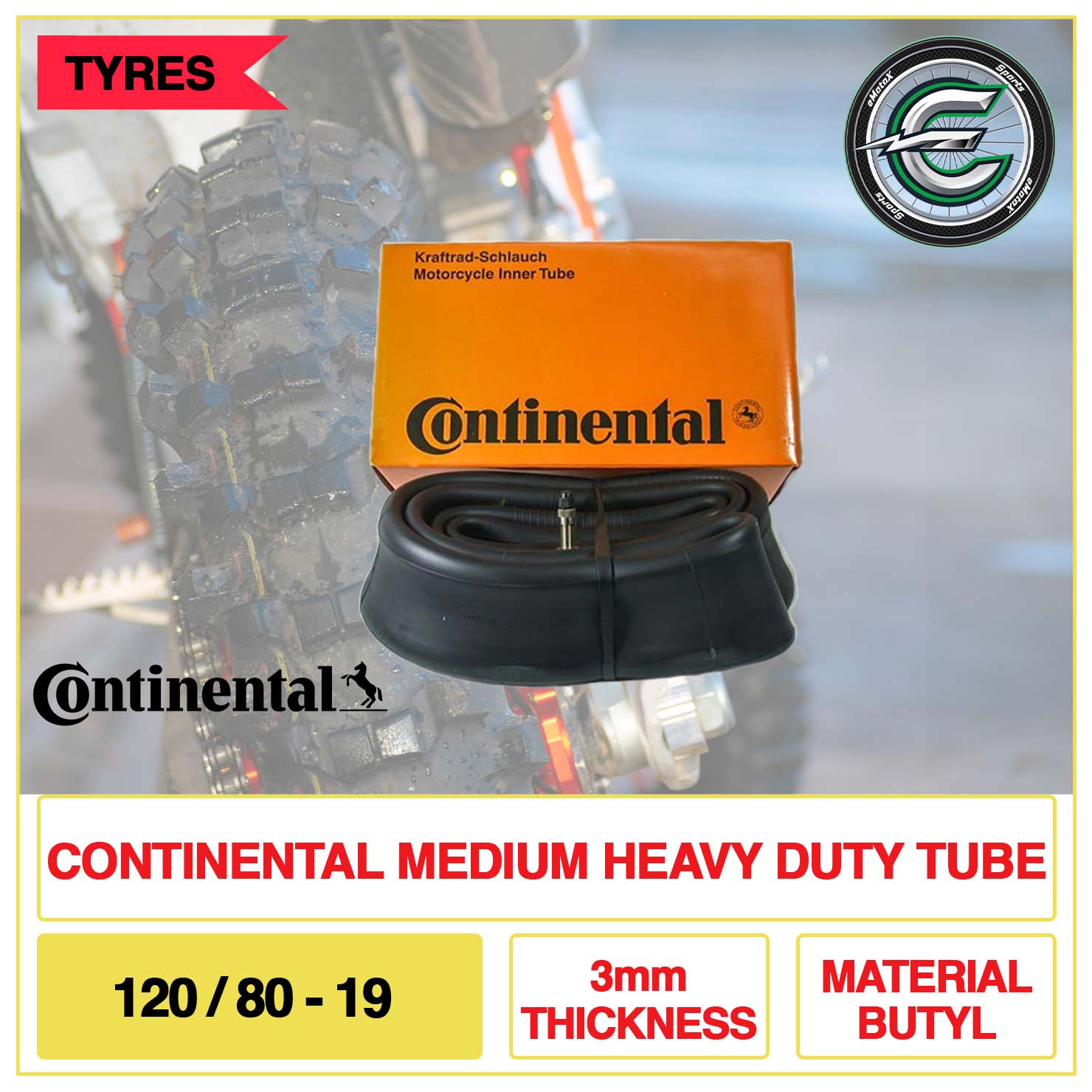 Continental Medium Heavy Duty Tube 120/80-19 3mm Thickness Material Butyl | eMotoX Sports