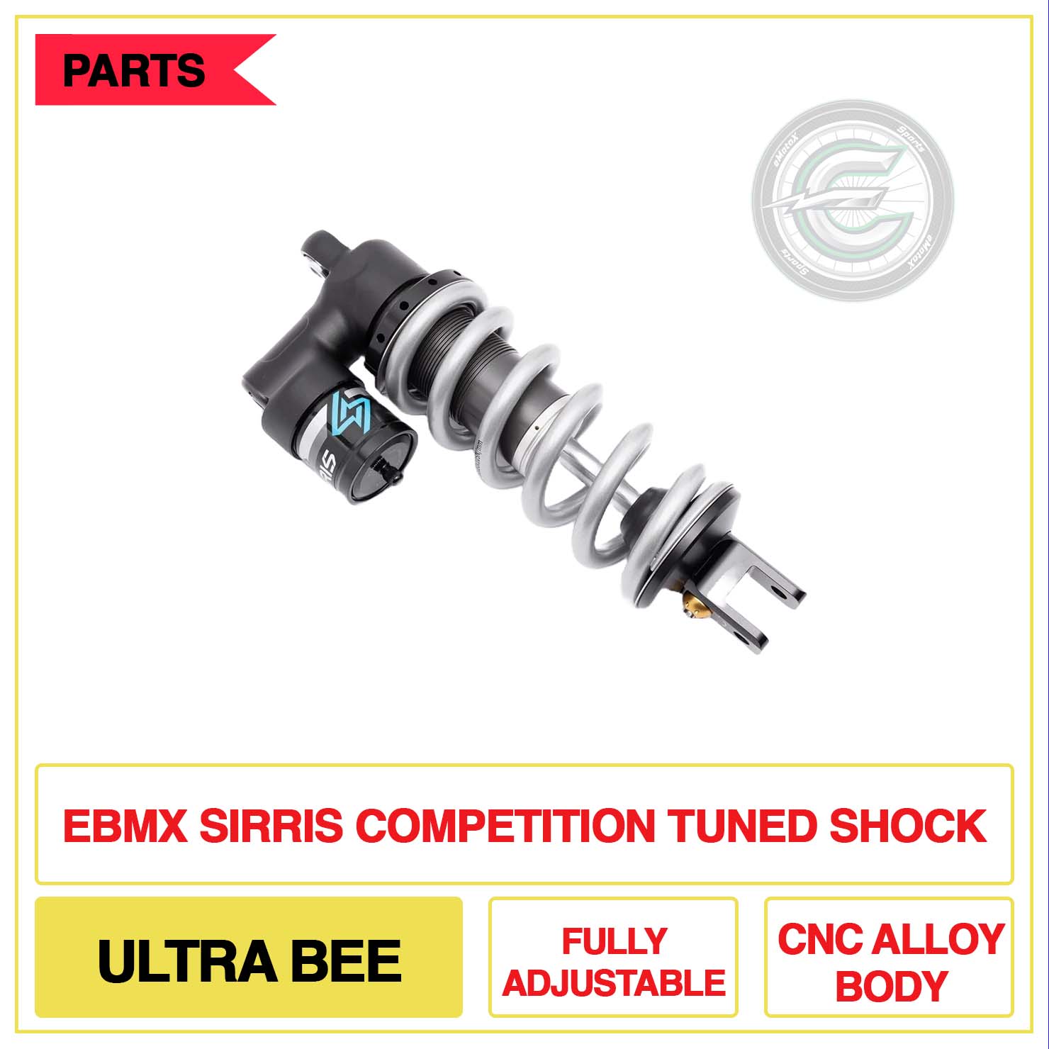 EBMX Sirris Competition Tuned Shock Ultra Bee Fully Adjustable CNC Ally Body | eMotoX Sports