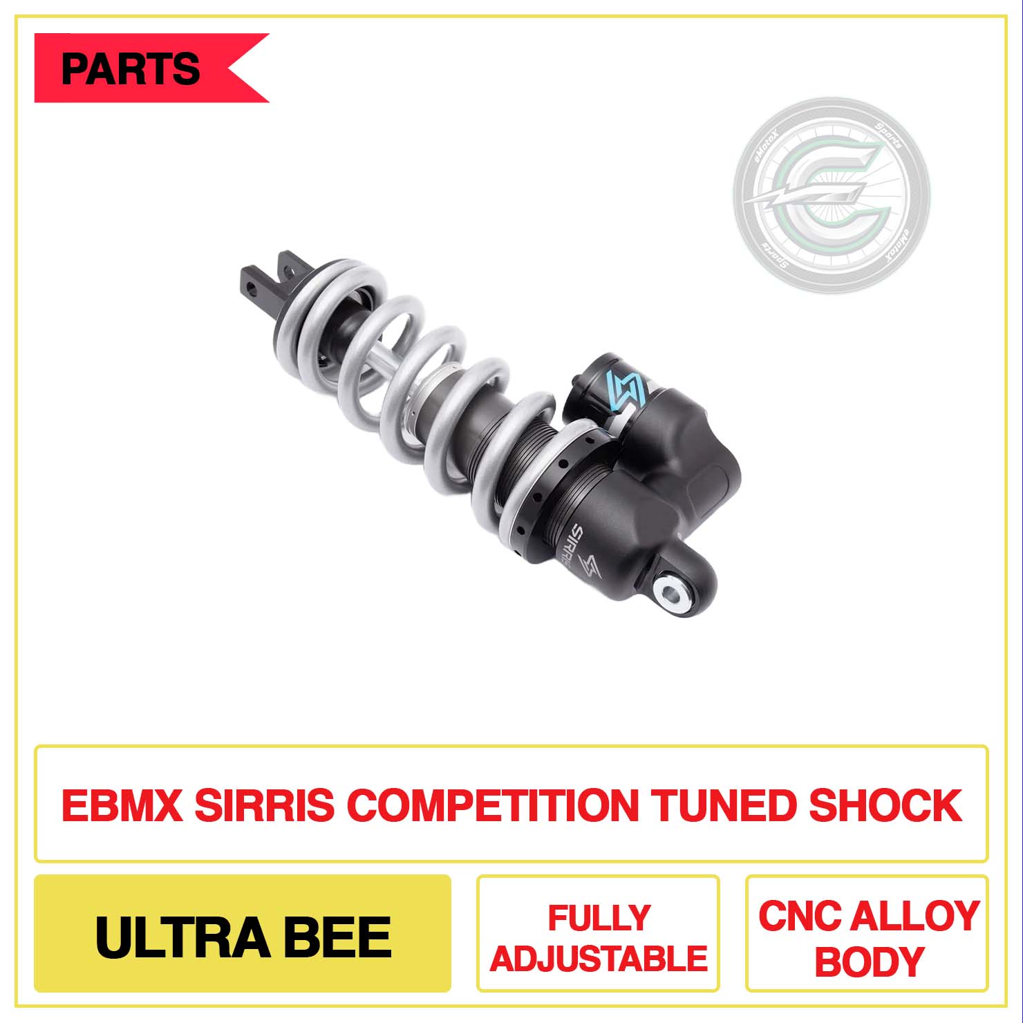 EBMX Sirris Competition Tuned Shock Ultra Bee Fully Adjustable CNC Ally Body | eMotoX Sports