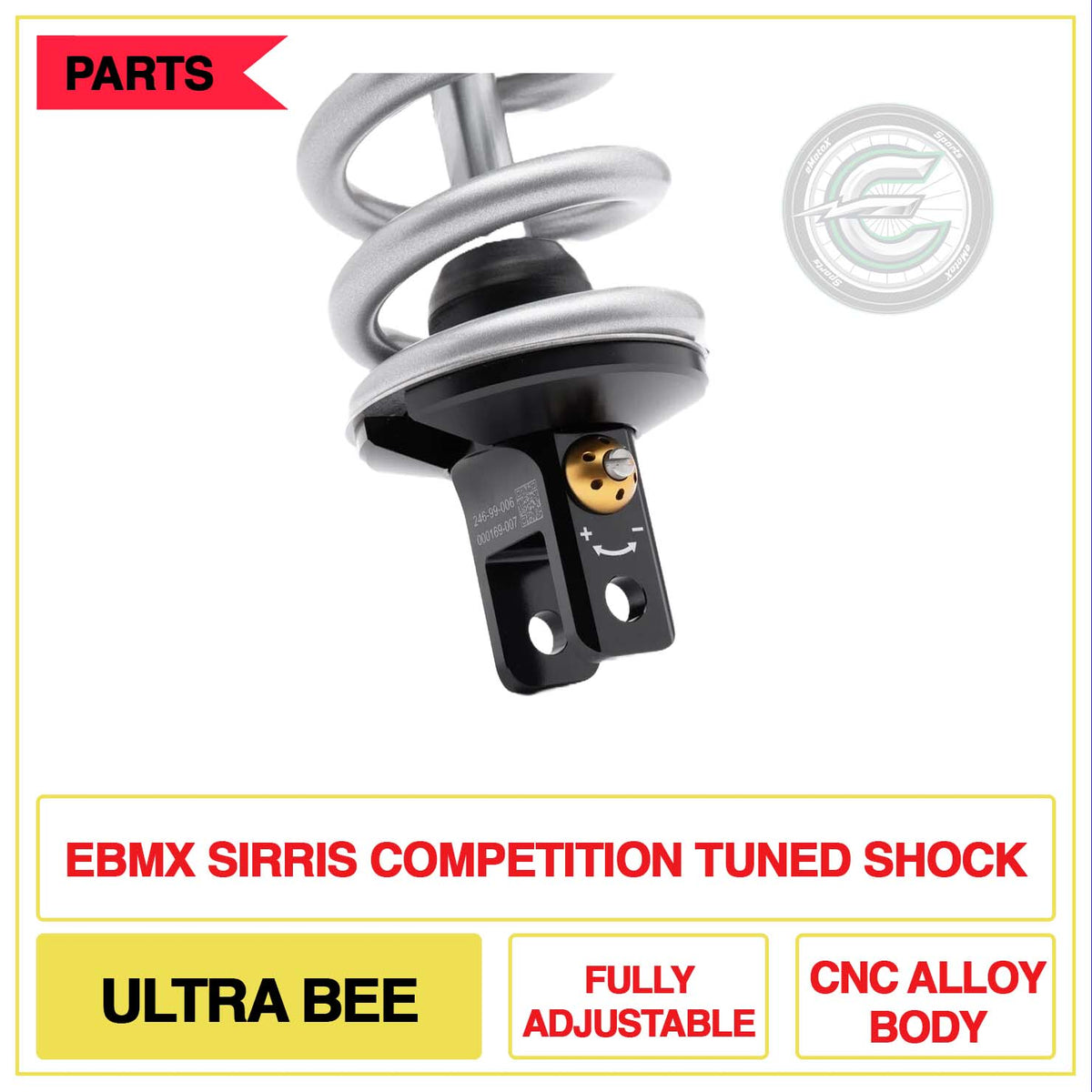 EBMX Sirris Competition Tuned Shock Ultra Bee Fully Adjustable CNC Ally Body | eMotoX Sports