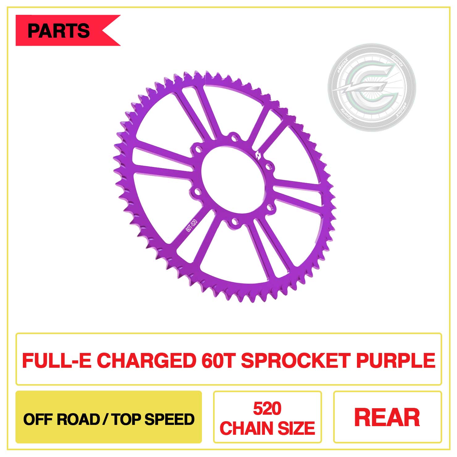 Full-E Charged Rear 60T Sprocket 520 Chain Size Off Road/Top Speed Purple | eMotoX Sports