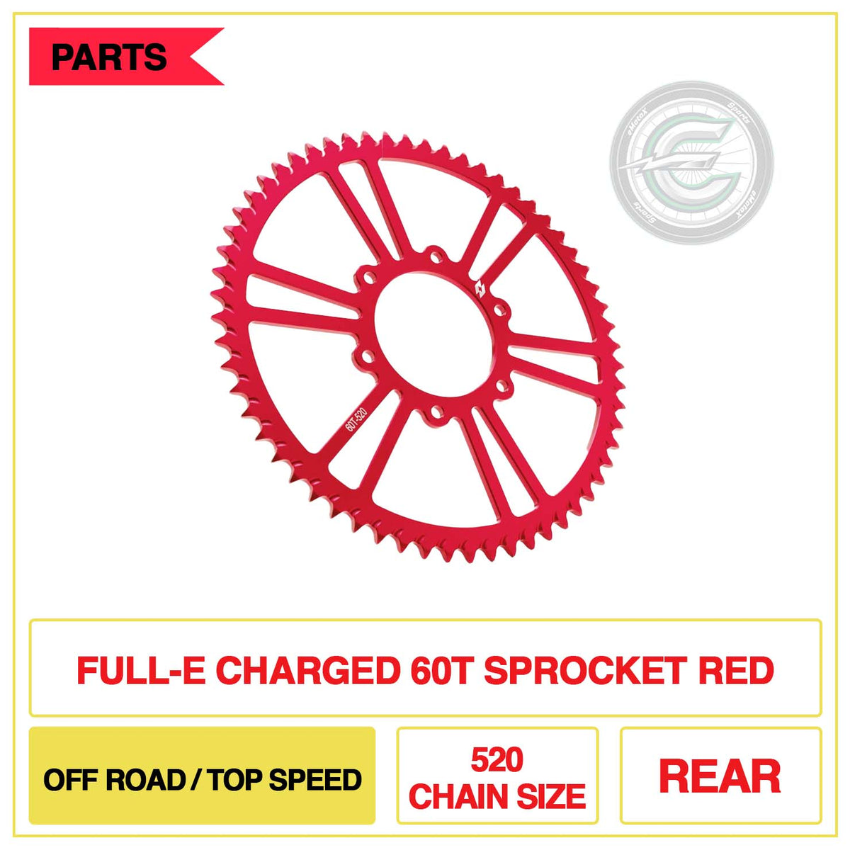 Full-E Charged Rear 60T Sprocket 520 Chain Size Off Road/Top Speed Red | eMotoX Sports