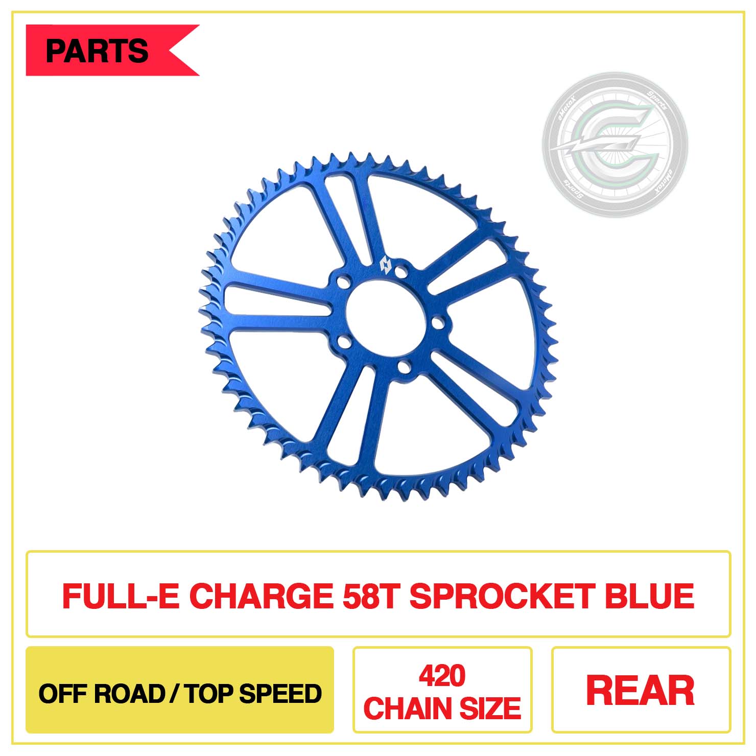 Full-E Charge Rear 58T Sprocket 420 Chain Size Off Road/Top Seed Blue | eMotoX Sports