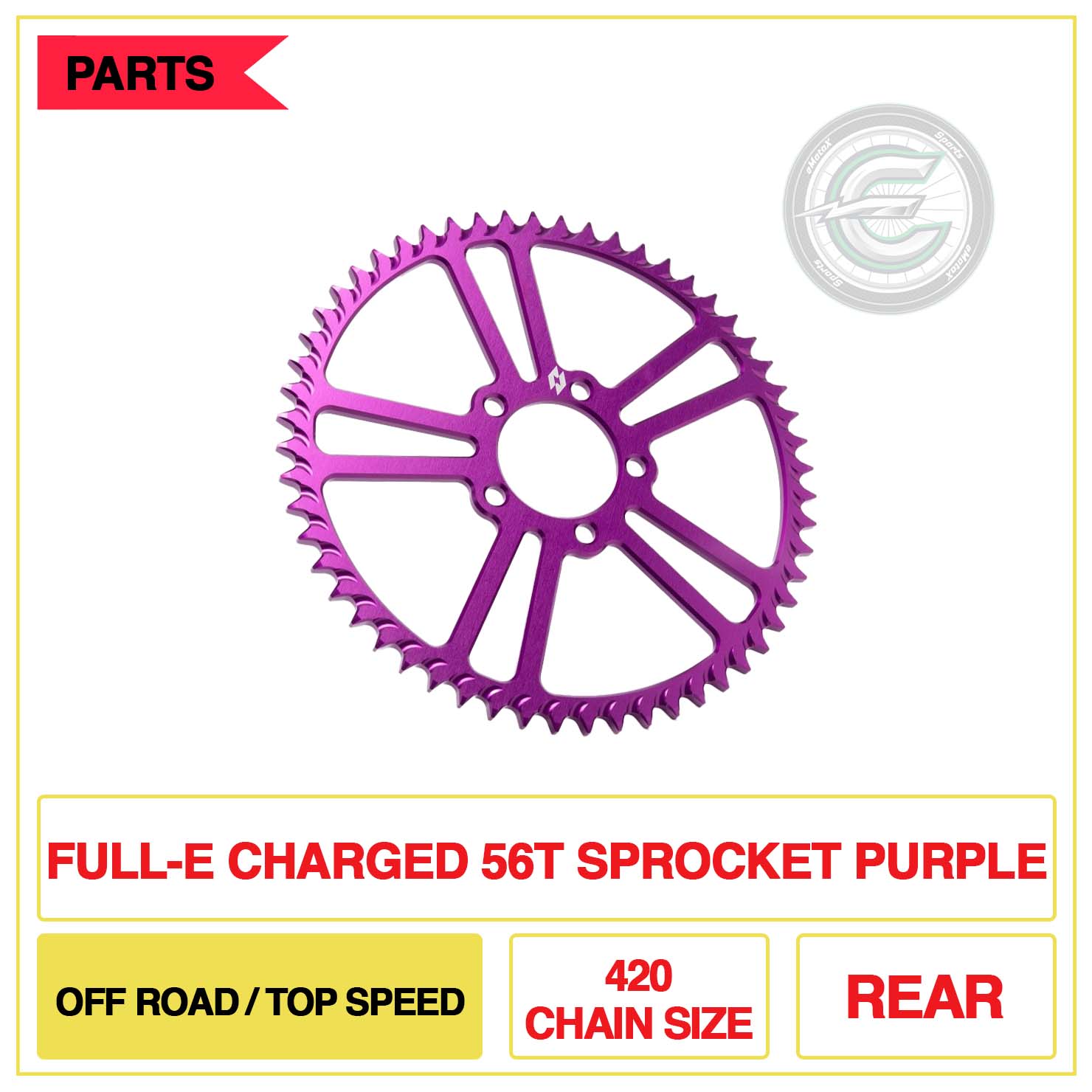 Full-E Charged Rear 56T Sprocket 420 Chain Size Off Road-Top Speed Purple | eMotoX Sports
