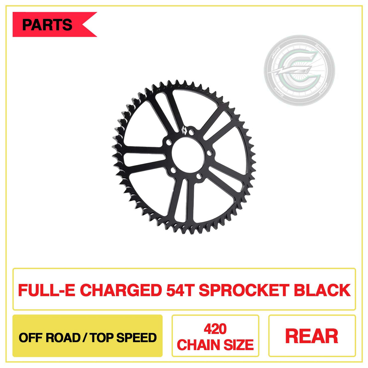 Full-E Charged Rear 54T Sprocket 420 Chain Size Off Road/Top Speed Black | eMotoX Sports