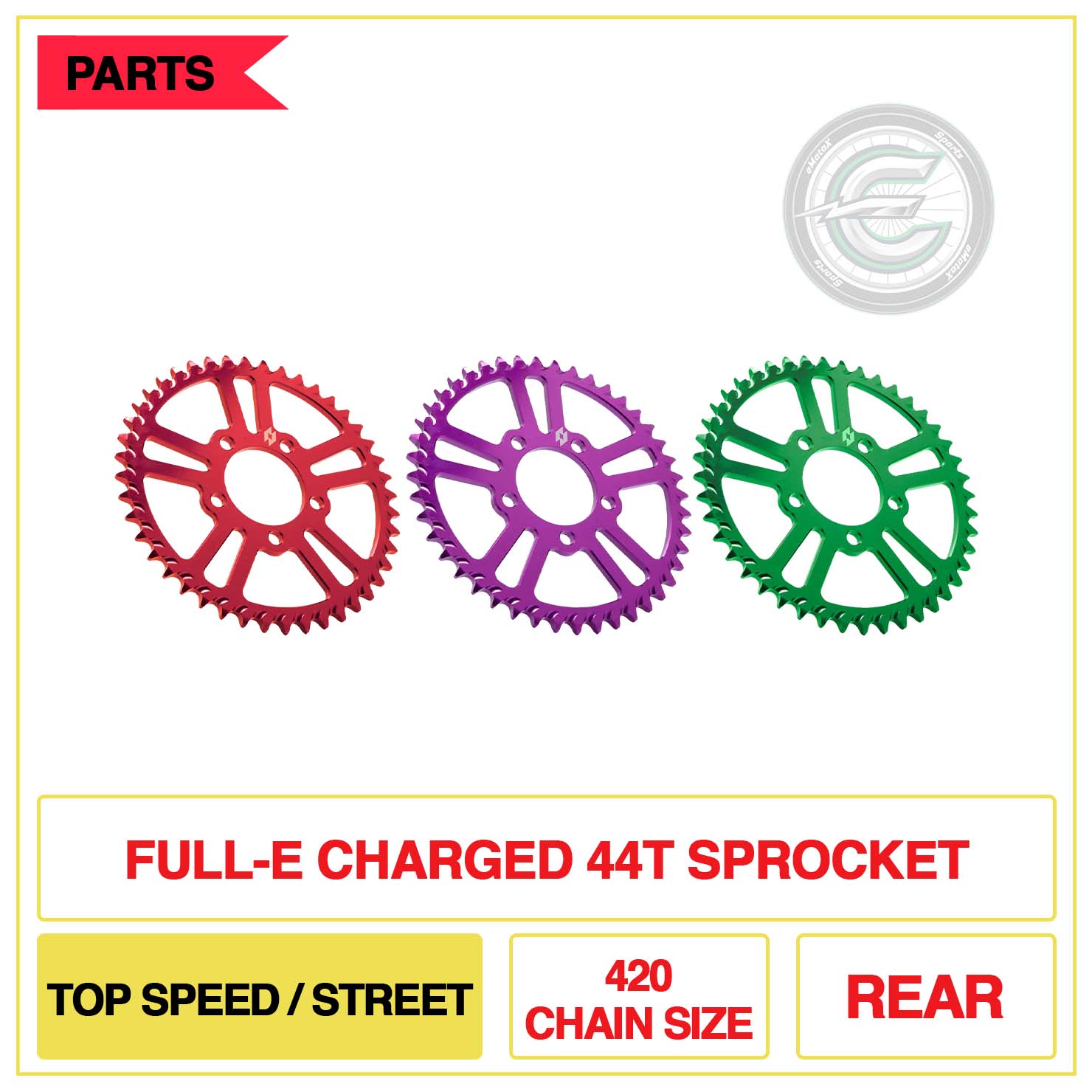 Full-E Charged Rear 44T Sprocket 420 Chain Size Top Speed/Street | eMotoX Sports