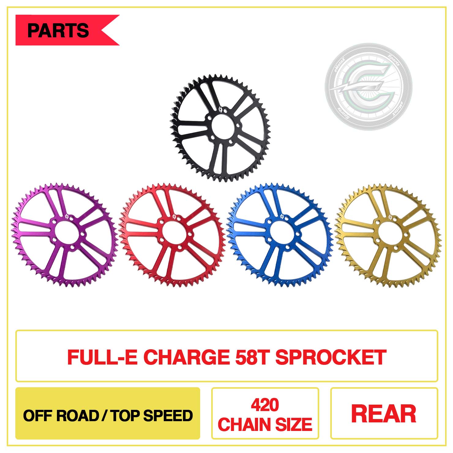 Full-E Charge Rear 58T Sprocket 420 Chain Size Off Road/Top Seed | eMotoX Sports