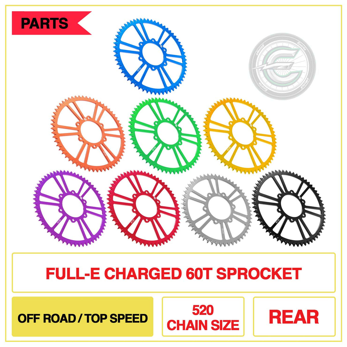 Full-E Charged Rear 60T Sprocket 520 Chain Size Off Road/Top Speed | eMotoX Sports