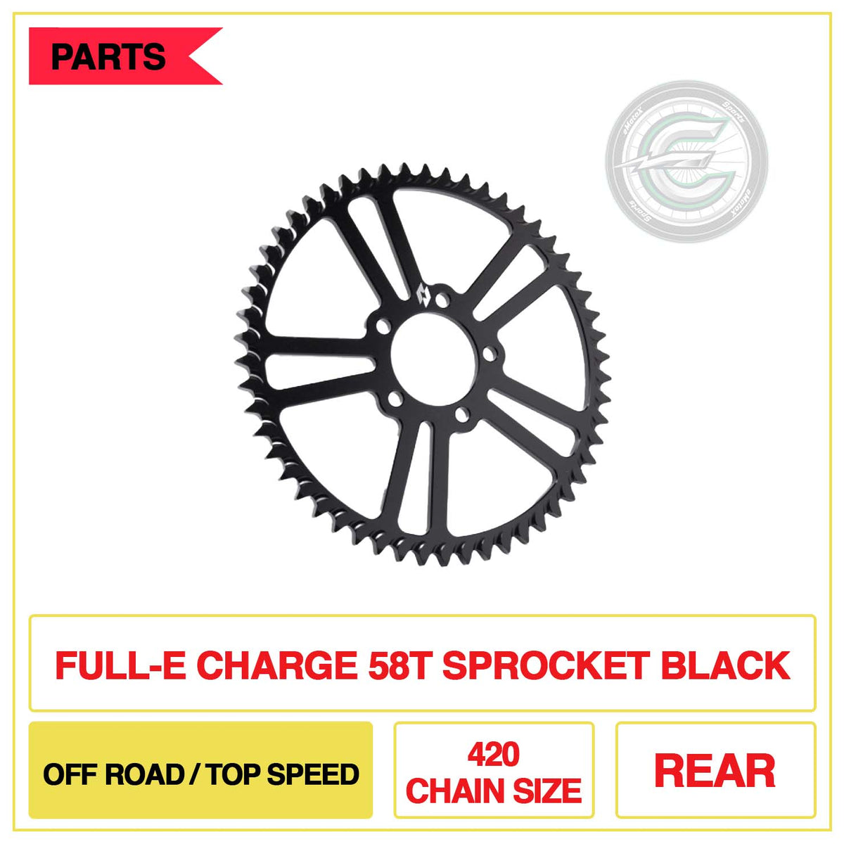 Full-E Charge Rear 58T Sprocket 420 Chain Size Off Road/Top Seed Black | eMotoX Sports