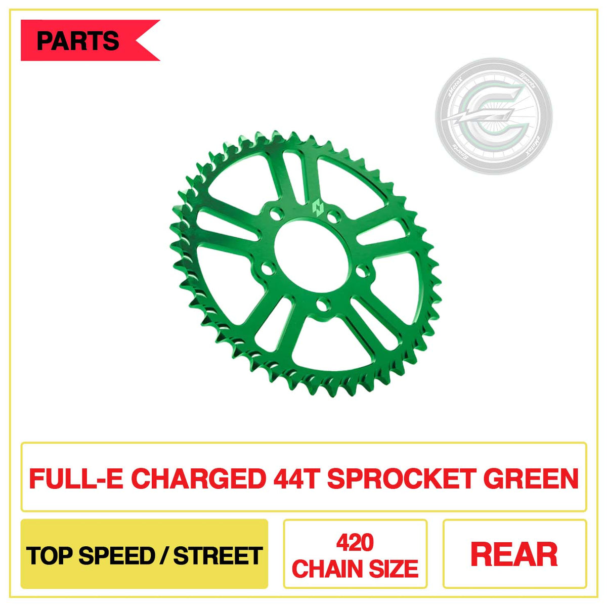 Full-E Charged Rear 44T Sprocket 420 Chain Size Top Speed/Street Green | eMotoX Sports