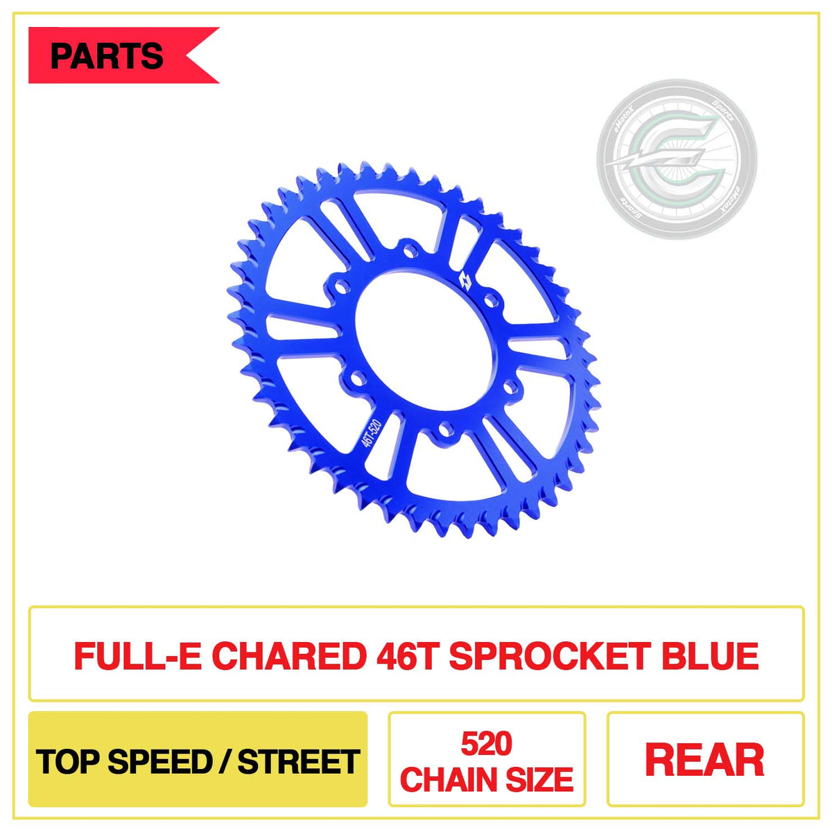 Full-E Charged Rear 54T Sprocket 520 Chain Size Off Road/Top Speed Blue | eMotoX Sports