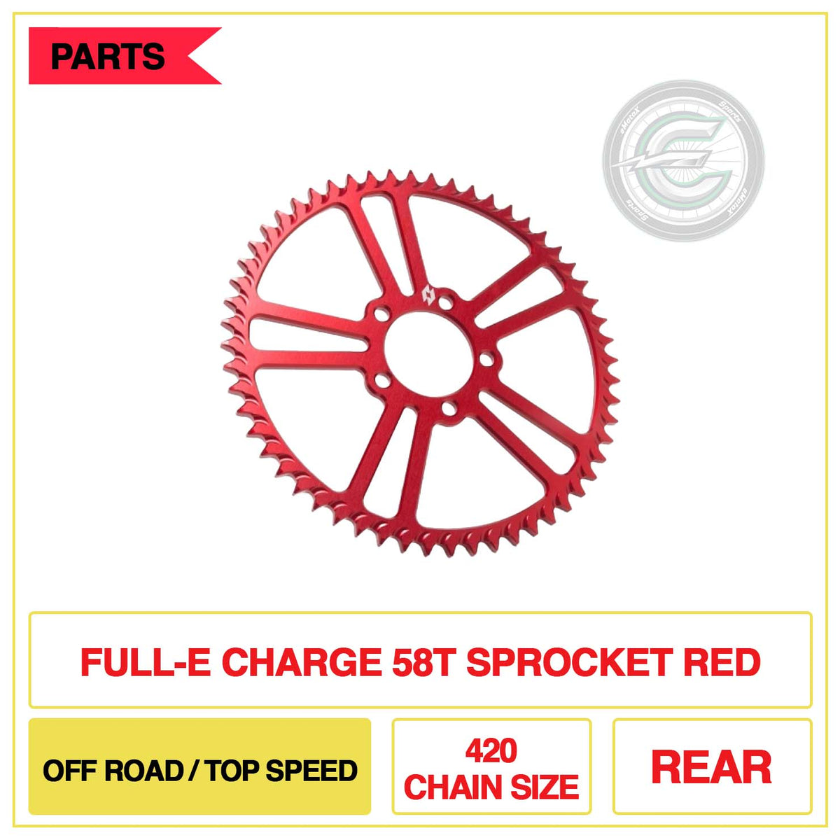 Full-E Charge Rear 58T Sprocket 420 Chain Size Off Road/Top Seed Red | eMotoX Sports