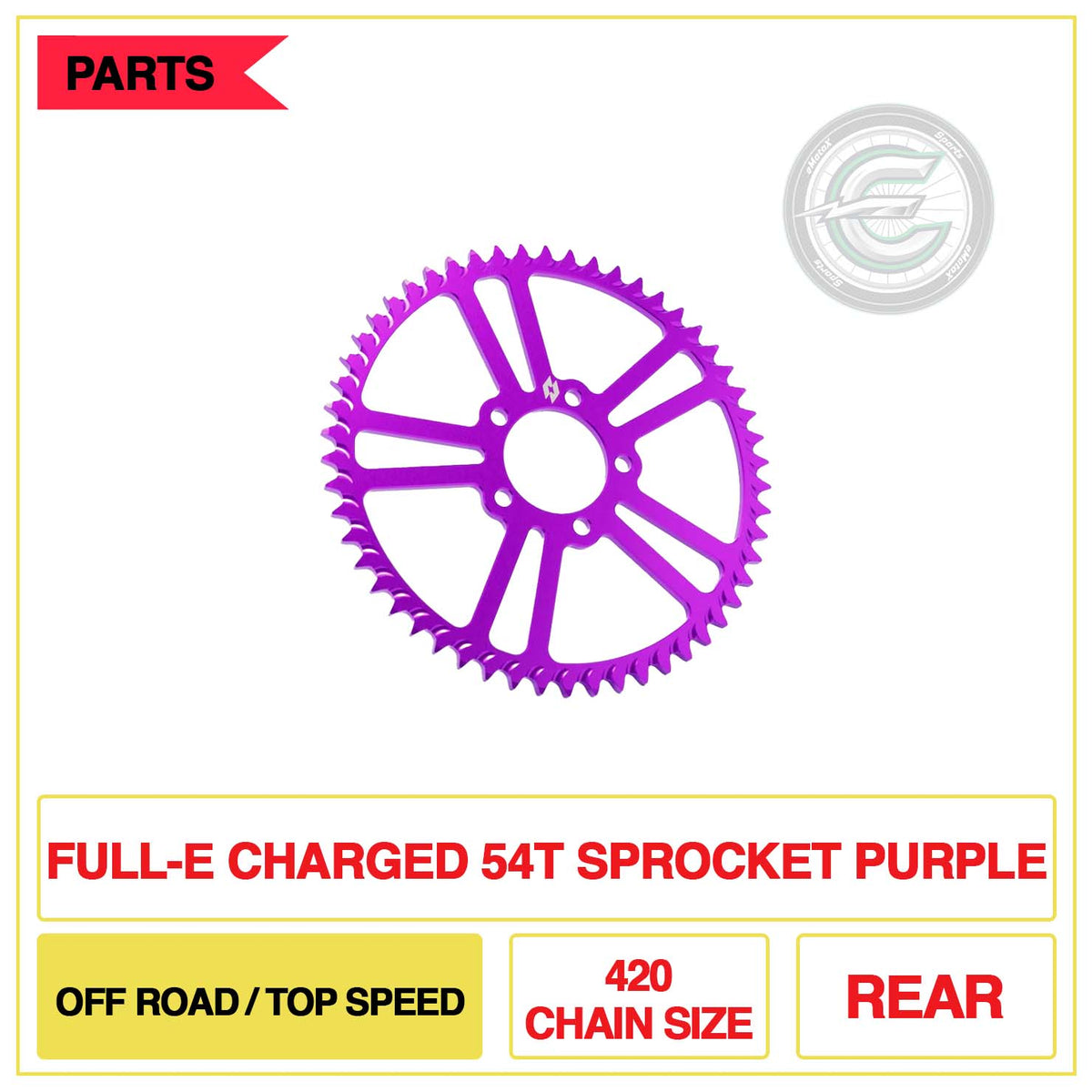 Full-E Charged Rear 54T Sprocket 420 Chain Size Off Road/Top Speed Purple | eMotoX Sports