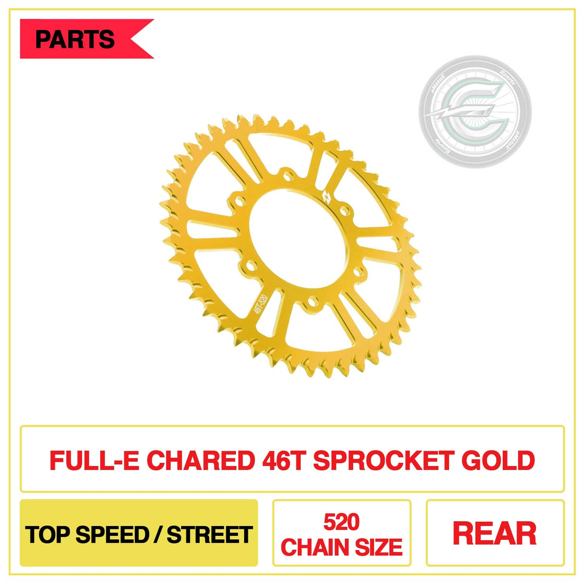 Full-E Charged 46T Sprocket 520 Chain Size Top Speed/Street Gold | eMotoX Sports
