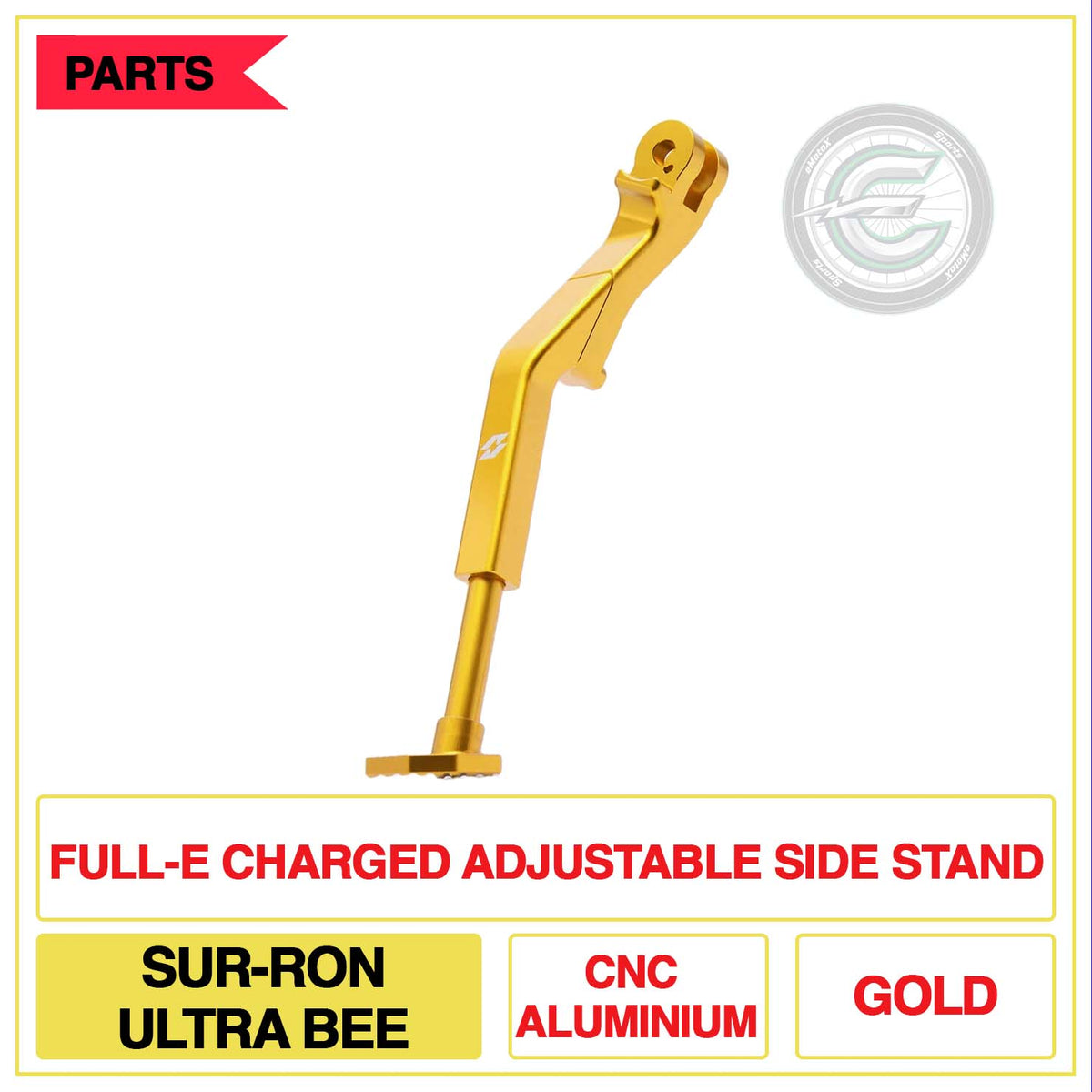 Full-E Charged Adjustable Side Stand Sur-Ron Ultra Bee CNC Aluminium Multi Colour  Gold | eMotoX Sports