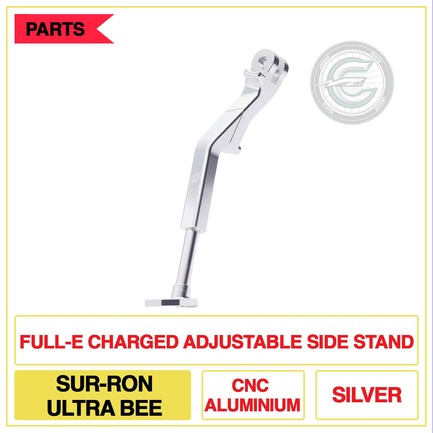 Full-E Charged Adjustable Side Stand Sur-Ron Ultra Bee CNC Aluminium Multi Colour  Silver | eMotoX Sports