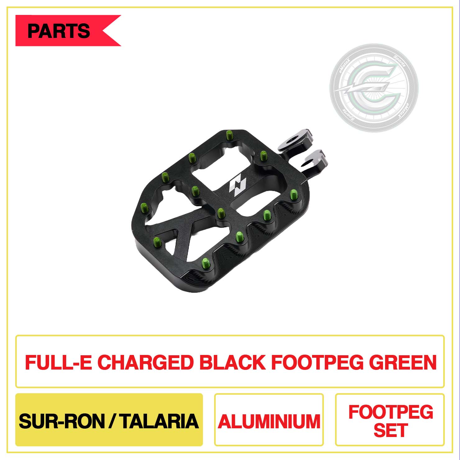 Full-E Charged Black Footpeg Sur-Ron/Talaria Aluminium Footpegs Set Green | eMotoX Sports