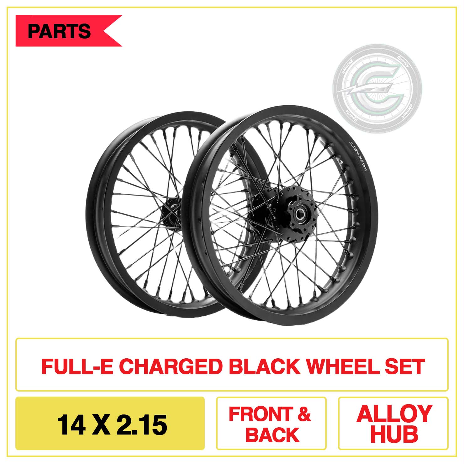 Full-E Charged Black Wheel Set 14X2.15 Front & Back Alloy Hub | eMotoX Sports