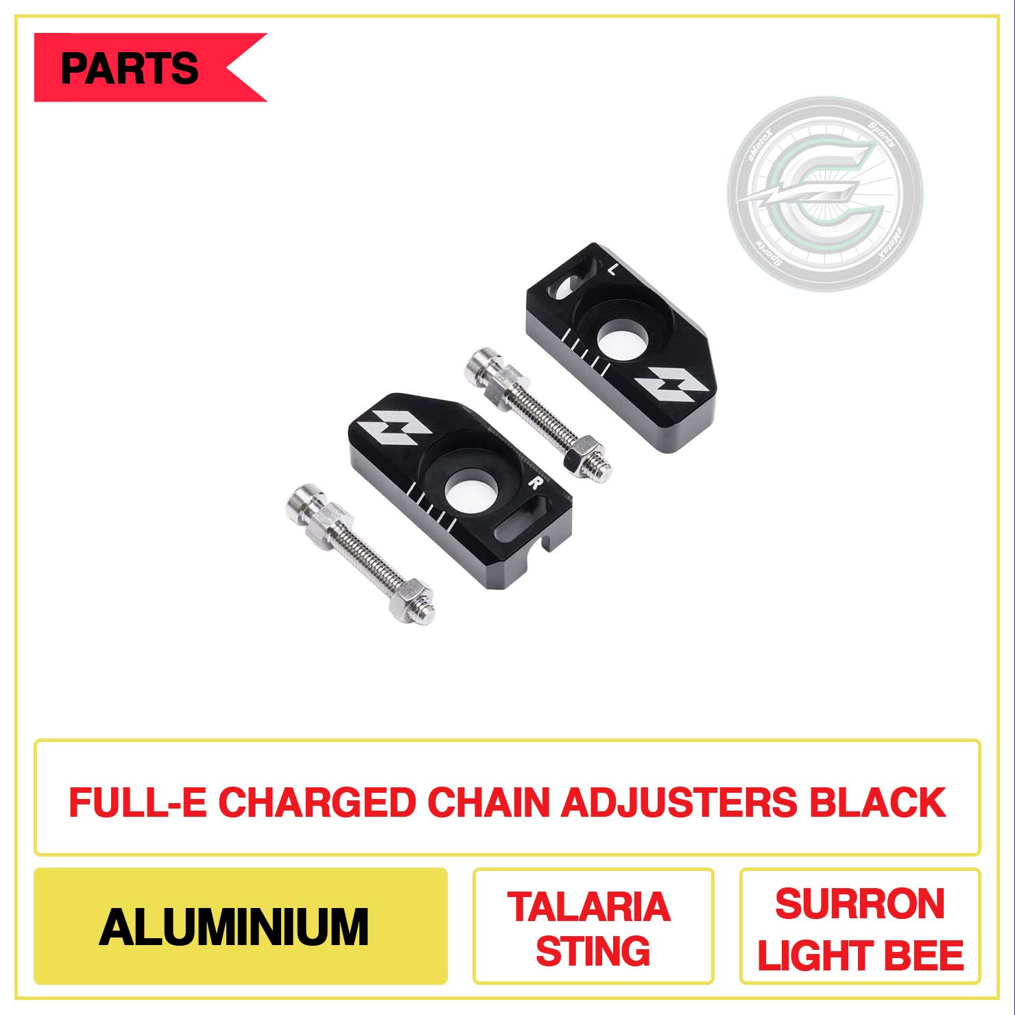 Full-E Charged Chain Adjusters Aluminium Talaria Sting Sur-Ron Light Bee Black | eMotoX Sports