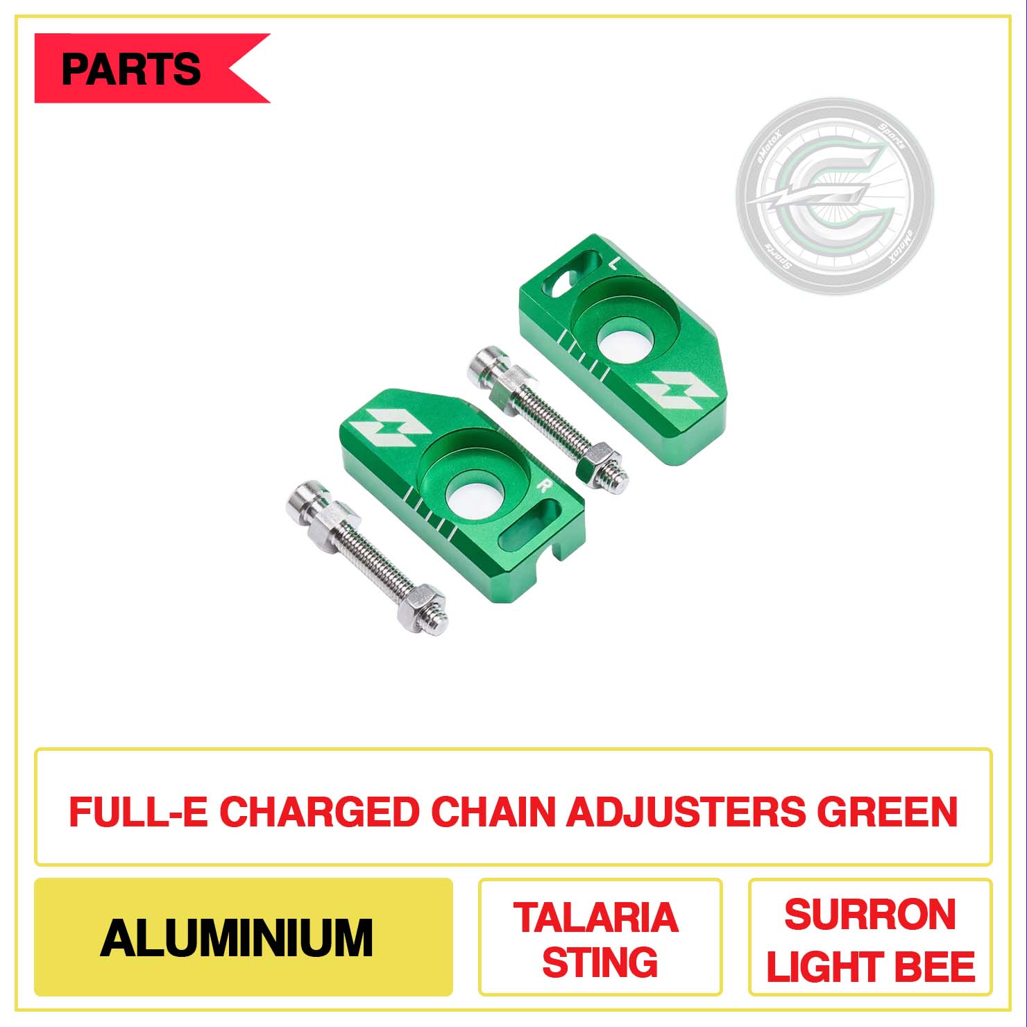 Full-E Charged Chain Adjusters Aluminium Talaria Sting Sur-Ron Light Bee Green | eMotoX Sports