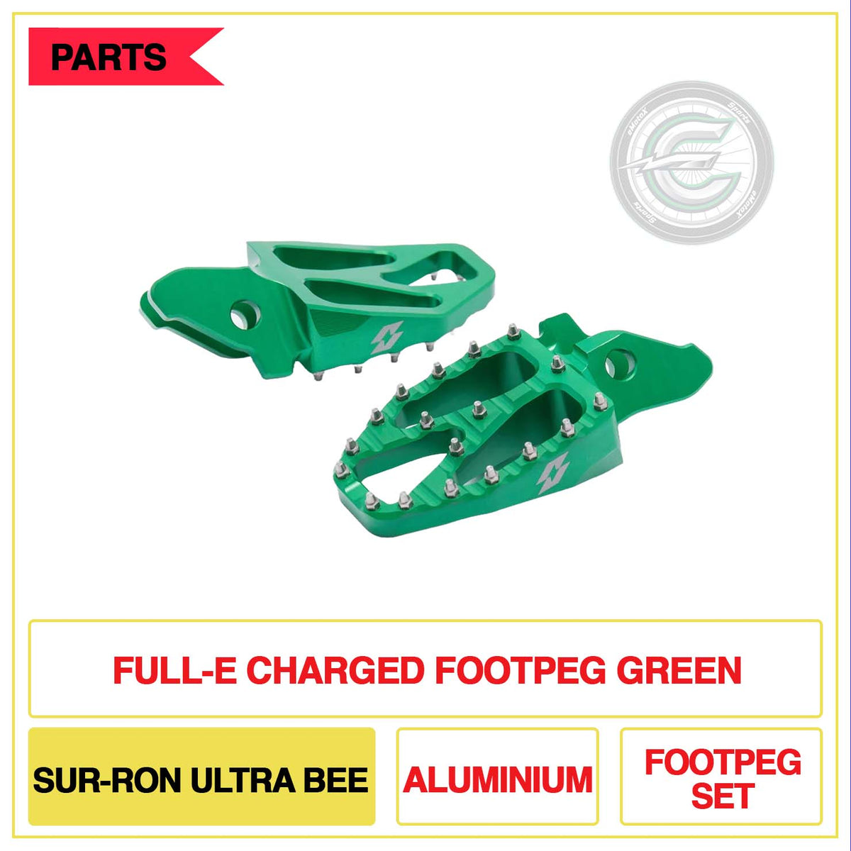 Full-E Charged Footpeg Sur-Ron Ultra Bee Aluminium Foot Peg Set Green | eMotoX Sports