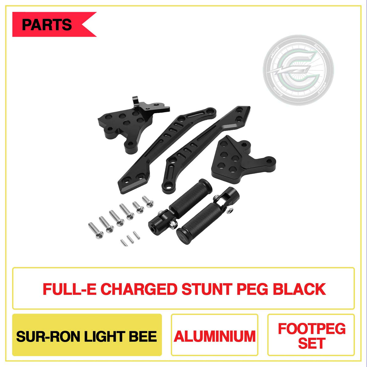 Full-E Charged Stunt Peg Sur-Ron Light Bee Aluminium Foot Pegs Black | eMotoX Sports