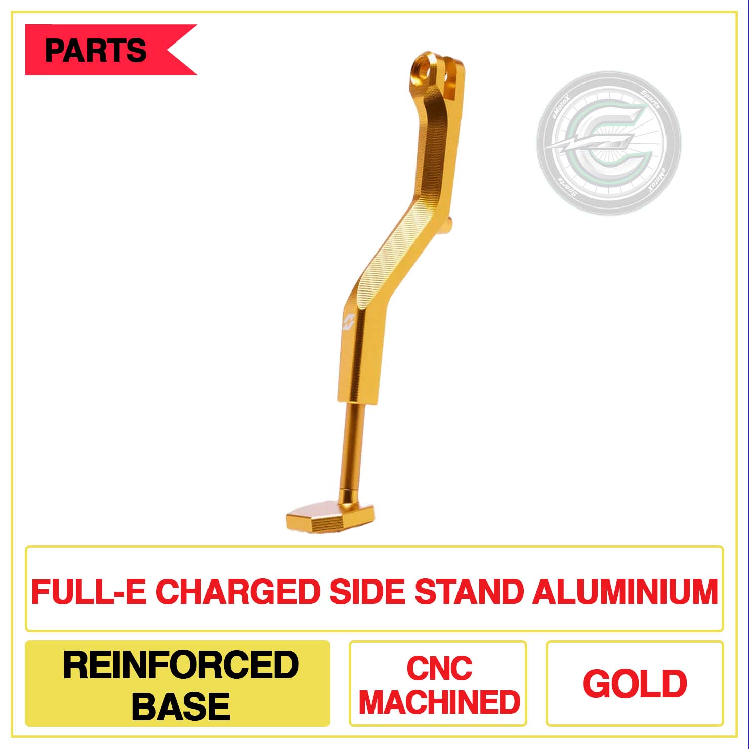 Full-E Charged Side Stand Aluminium Reinforced Base CNC Machined Multi Colour Gold | eMotoX Sports