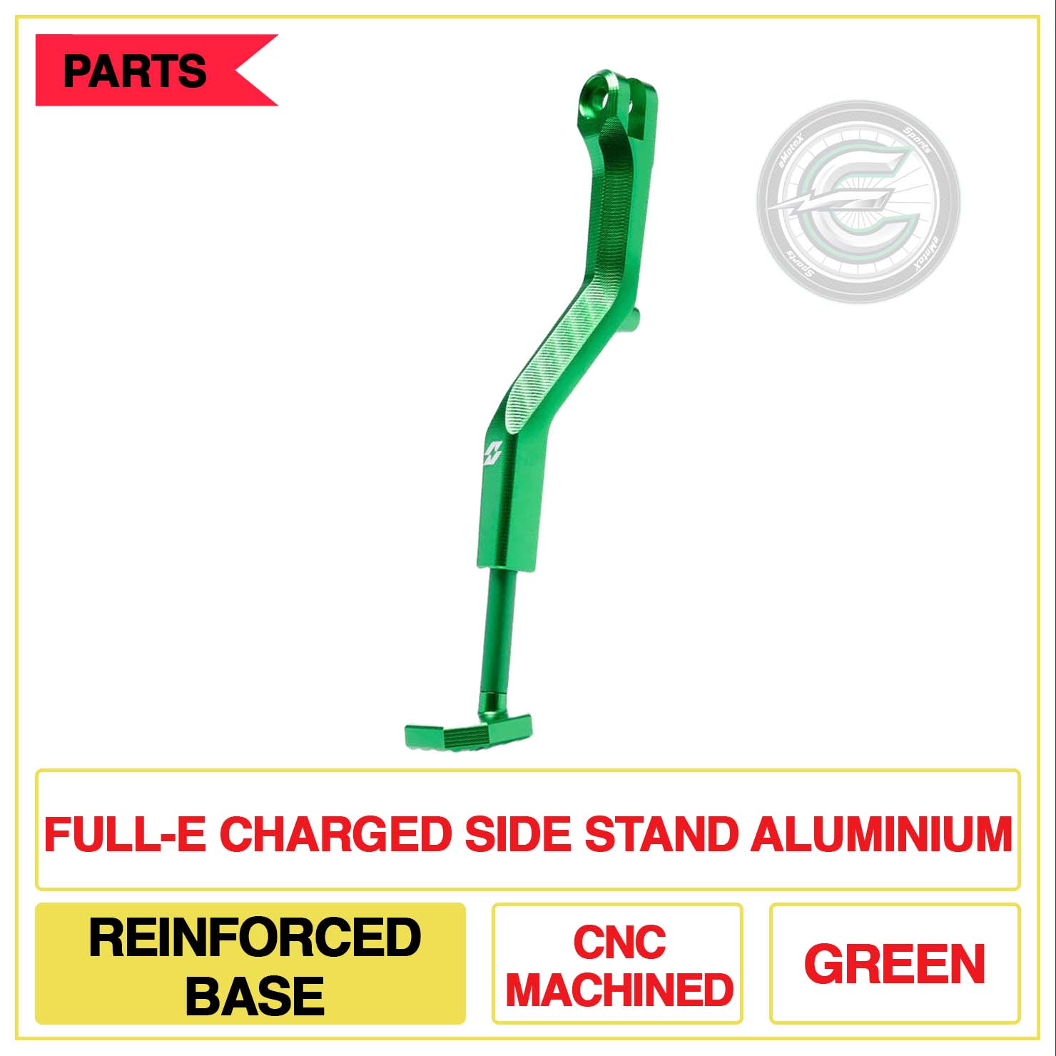 Full-E Charged Side Stand Aluminium Reinforced Base CNC Machined Multi Colour Green | eMotoX Sports