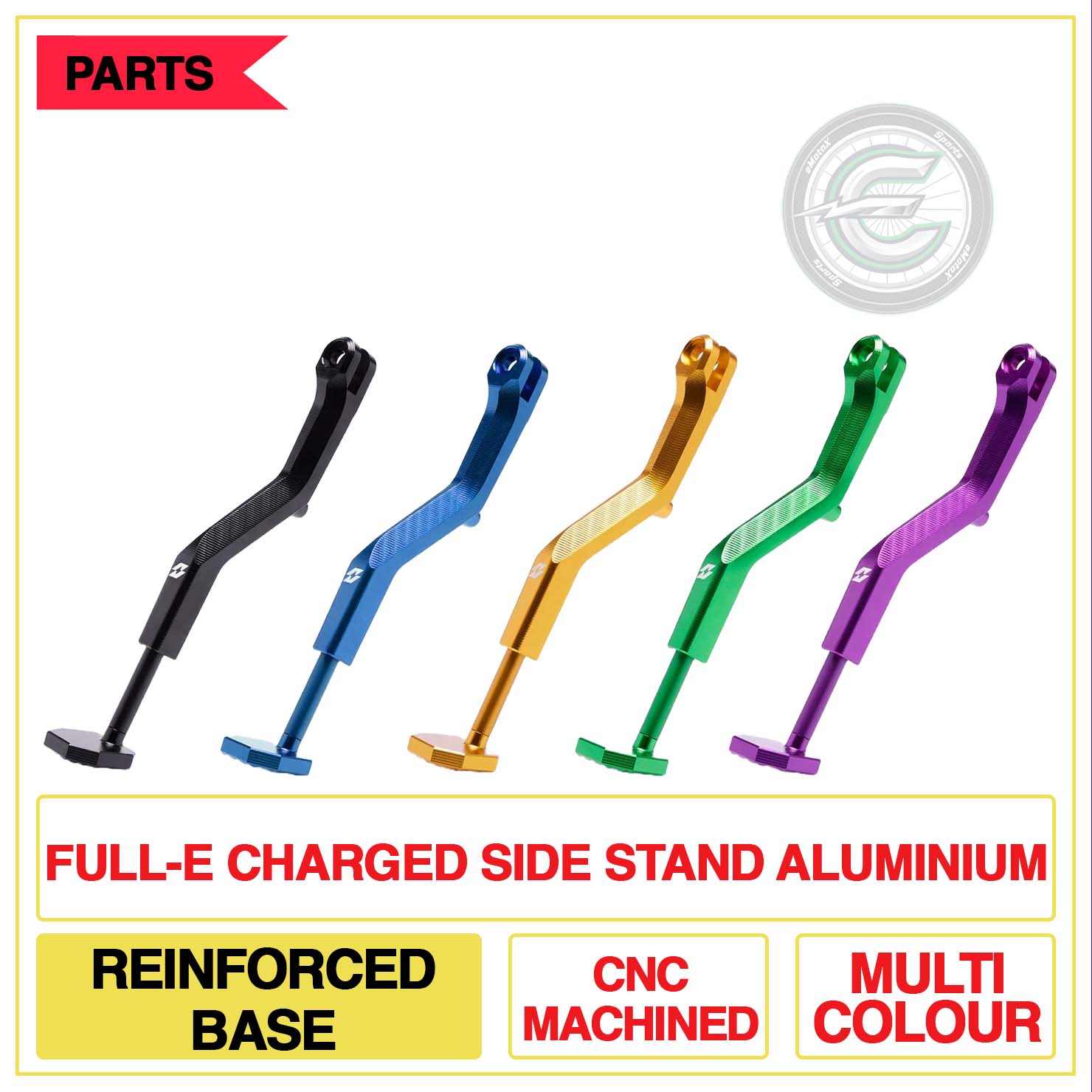 Full-E Charged Side Stand Aluminium Reinforced Base CNC Machined Multi Colour | eMotoX Sports
